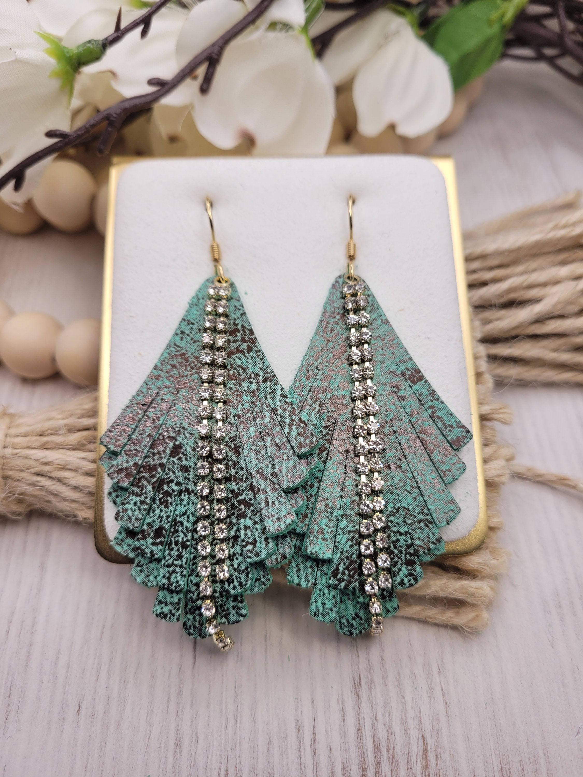 Handmade Lightweight Leather Earrings with Rhinestone Accents - Thumbnail 3