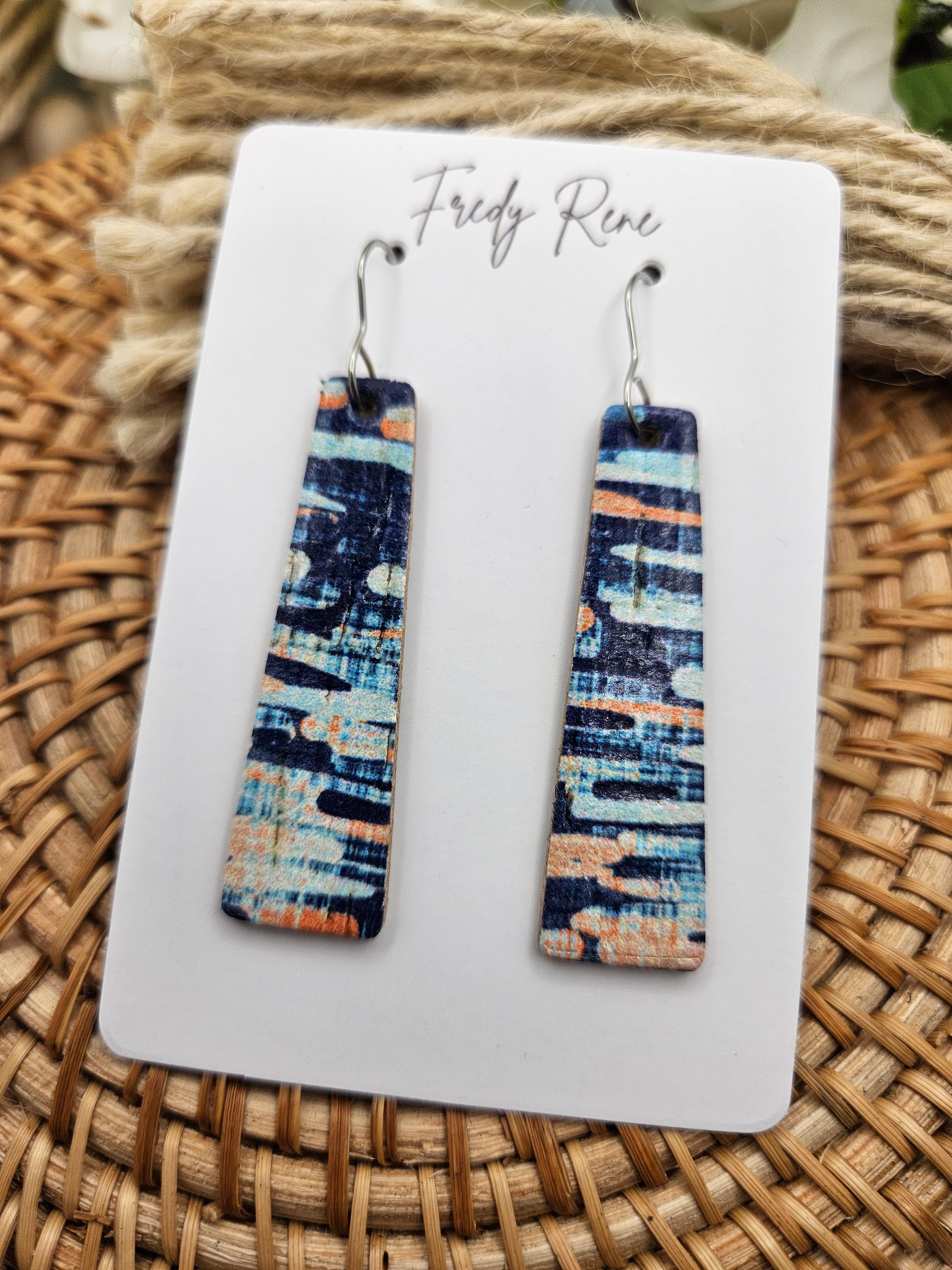 Abstract Blue Bar Cork Earrings with Genuine Leather Backing- Handmade Dangle Earrings for Everyday Wear - Thumbnail 5