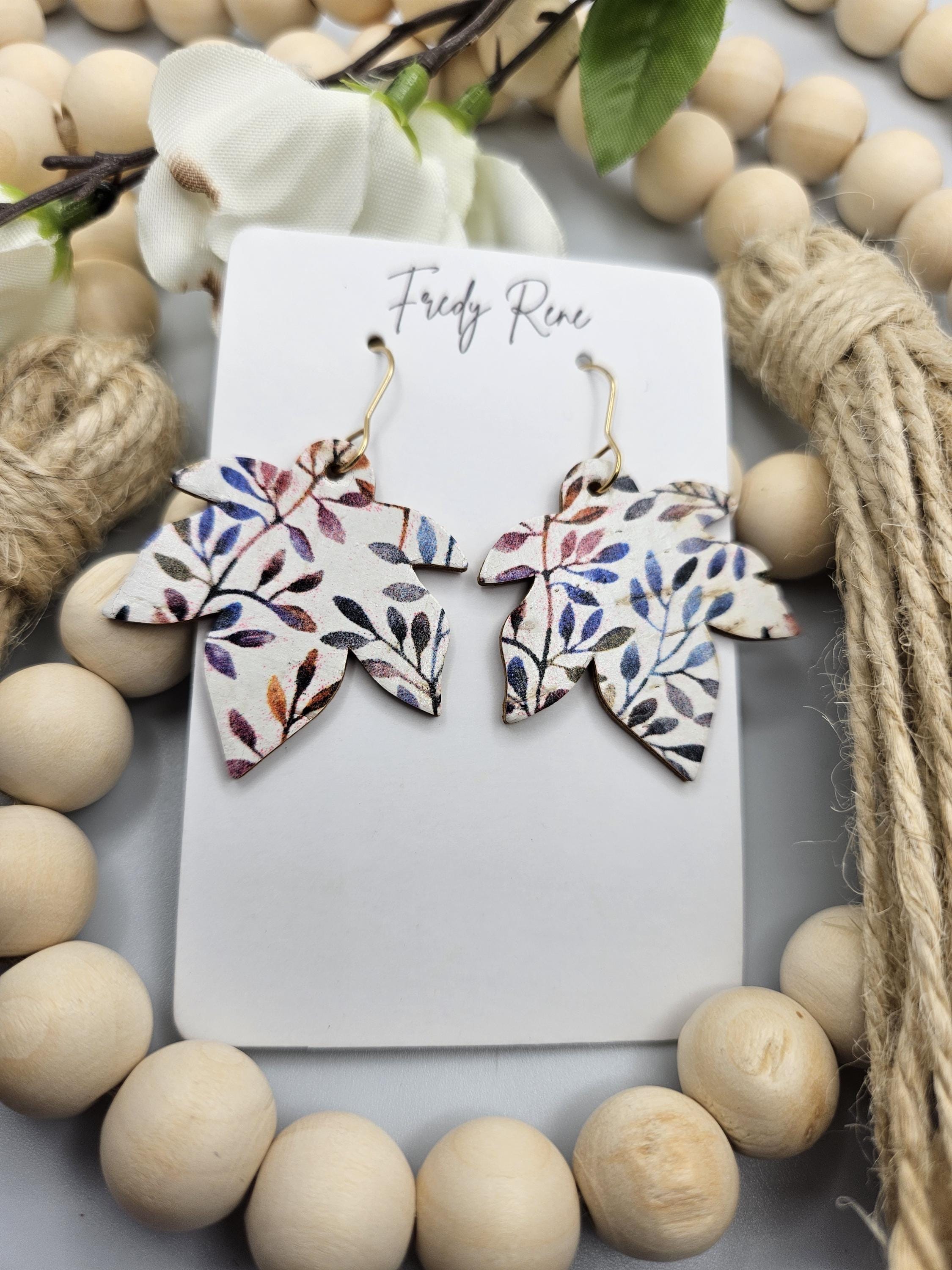 Fall Leaf Shaped Cork Earrings Backed with Genuine Leather - Thumbnail 3