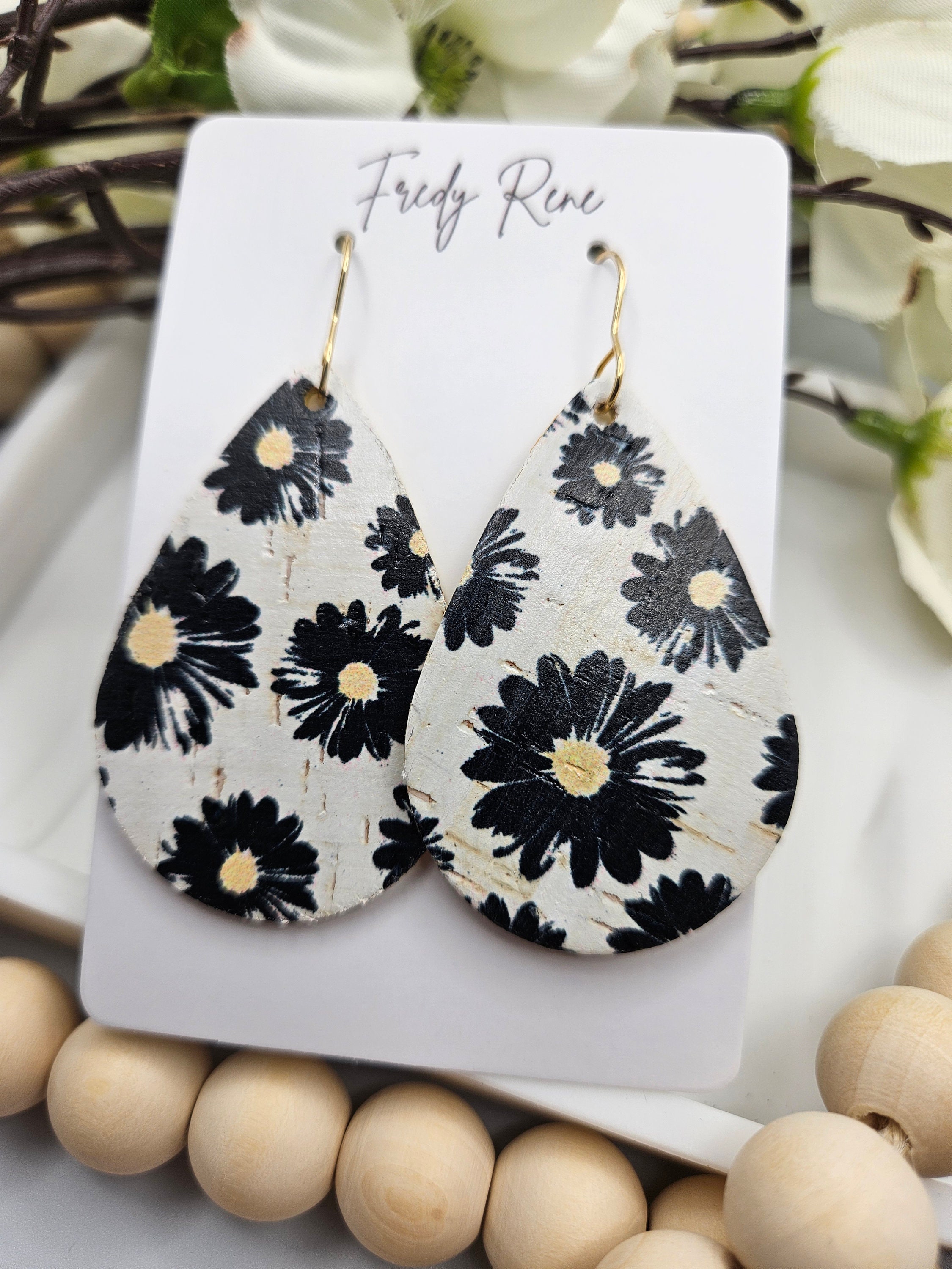 Medium Black Floral Cork Teardrop Earrings with Genuine Leather Backing- Lightweight, Trendy, Unique Design - Thumbnail 4