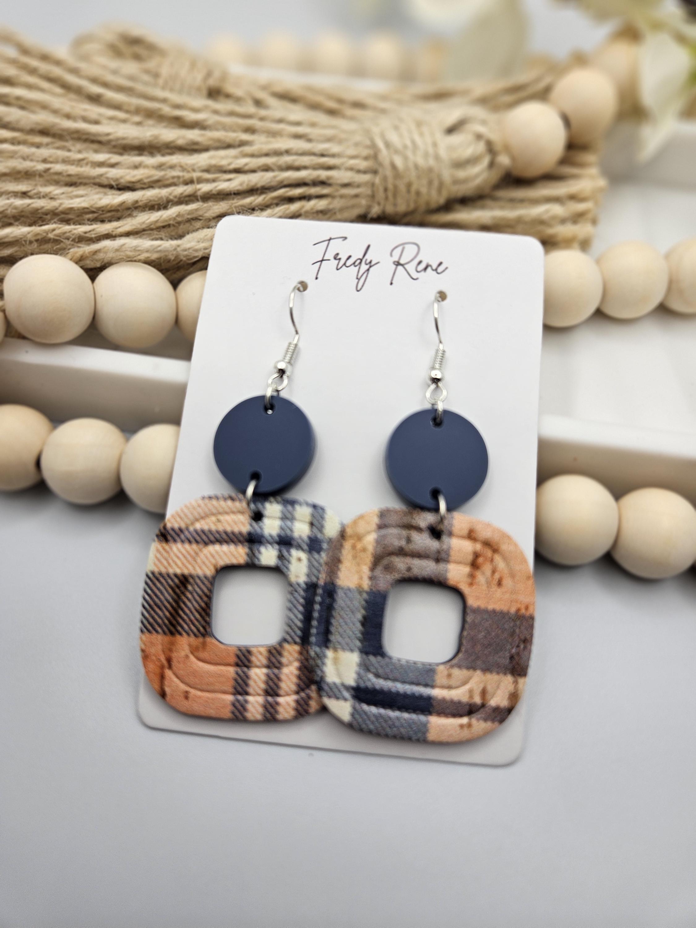 Trendy Fall Plaid Cork Earrings Backed with Genuine Leather for Everyday Wear & Statement Style - Thumbnail 3
