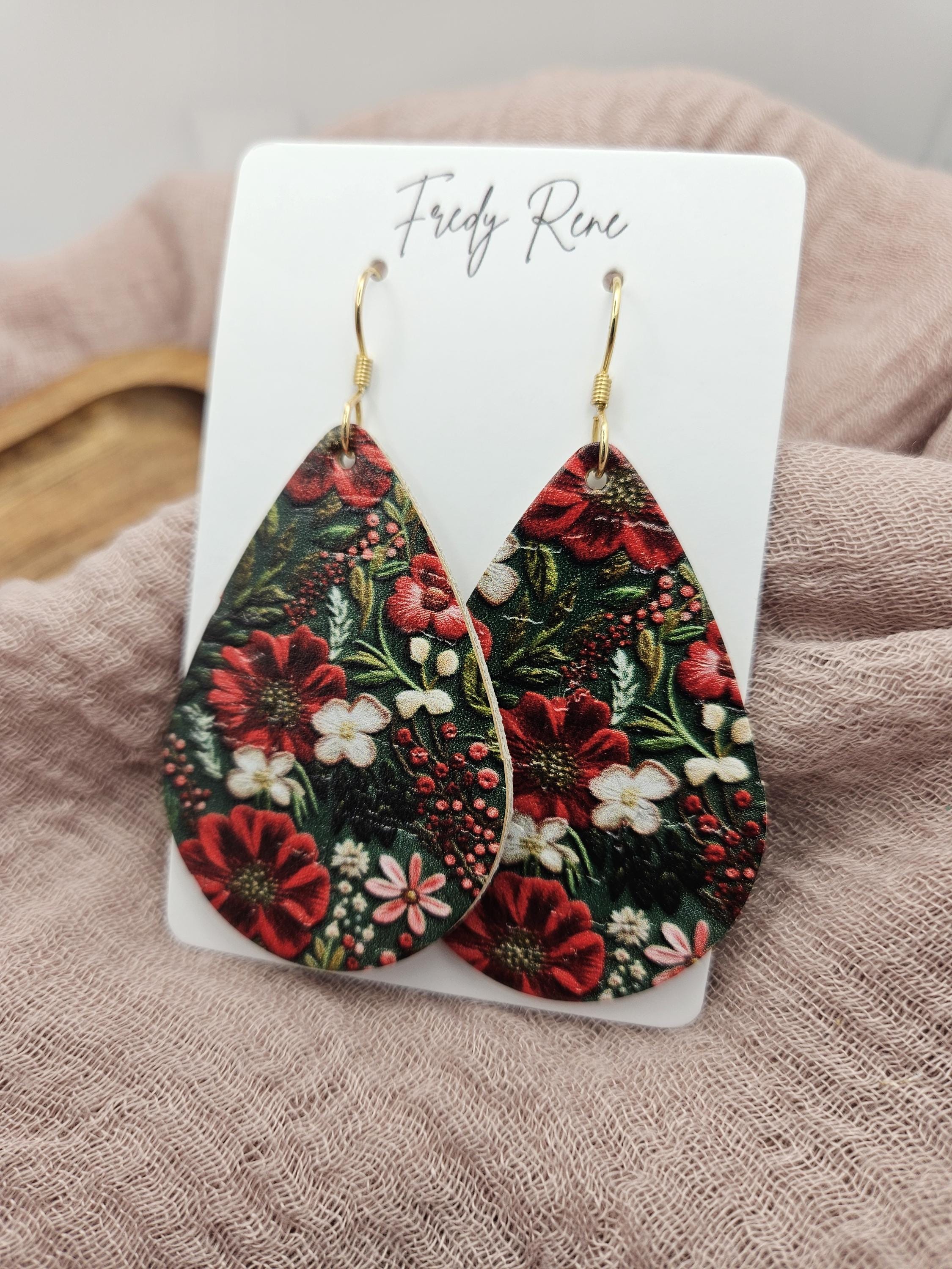 Large Handmade Holiday Cork Teardrop Earrings with Genuine Leather Backing- Lightweight