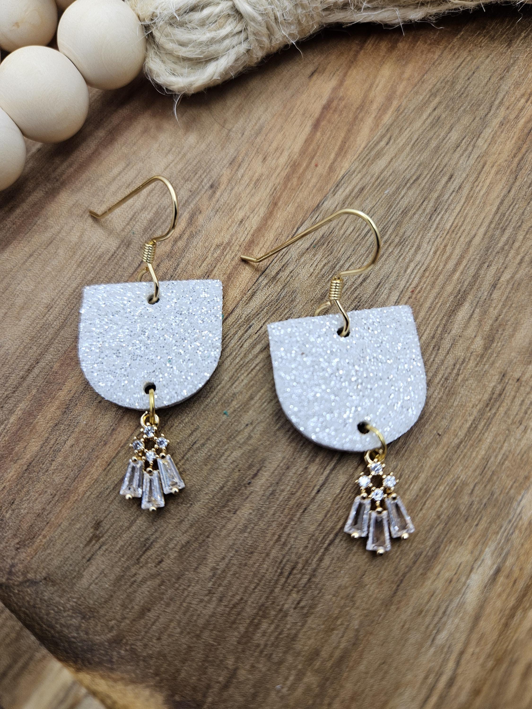 White Glitter Cork Backed with Genuine Leather Earrings - Thumbnail 6