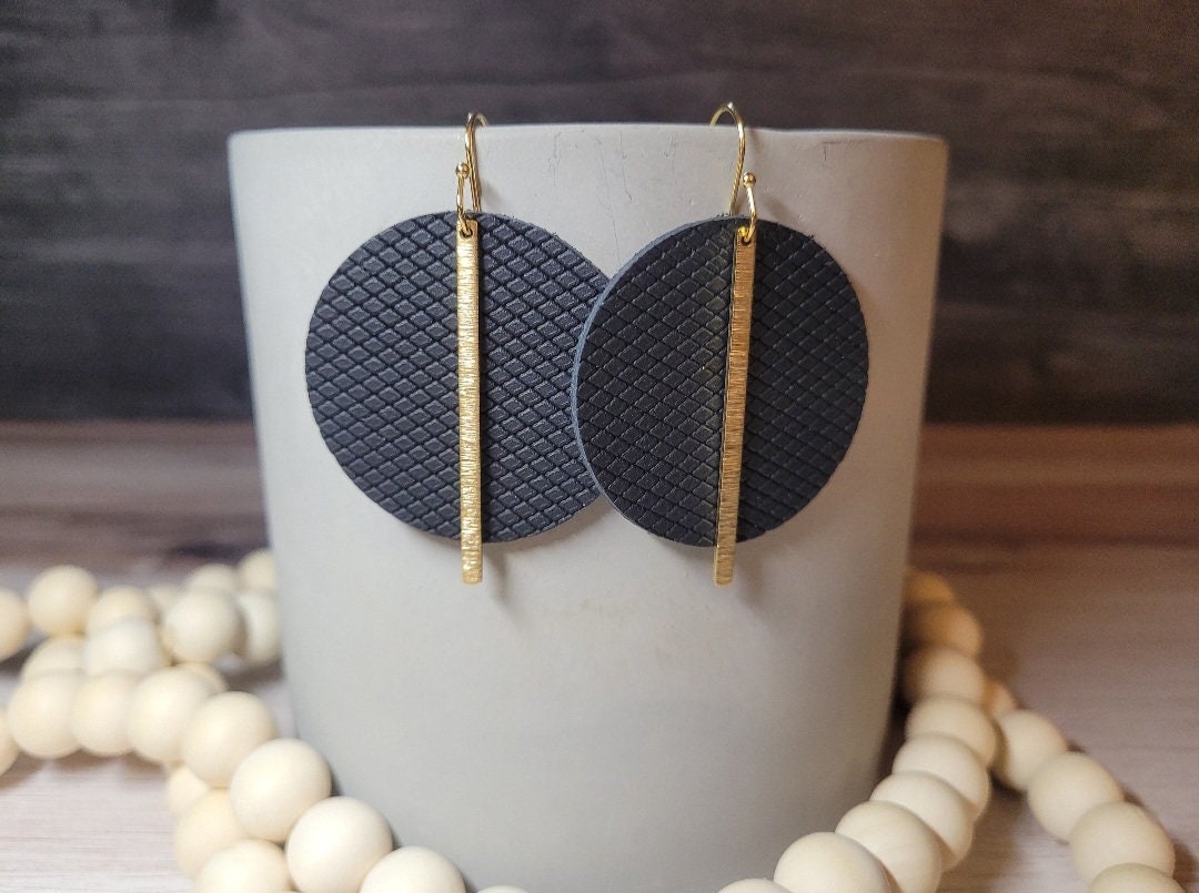 Handmade Black Patterned Genuine Leather Earrings with Gold Colored Brass Bars