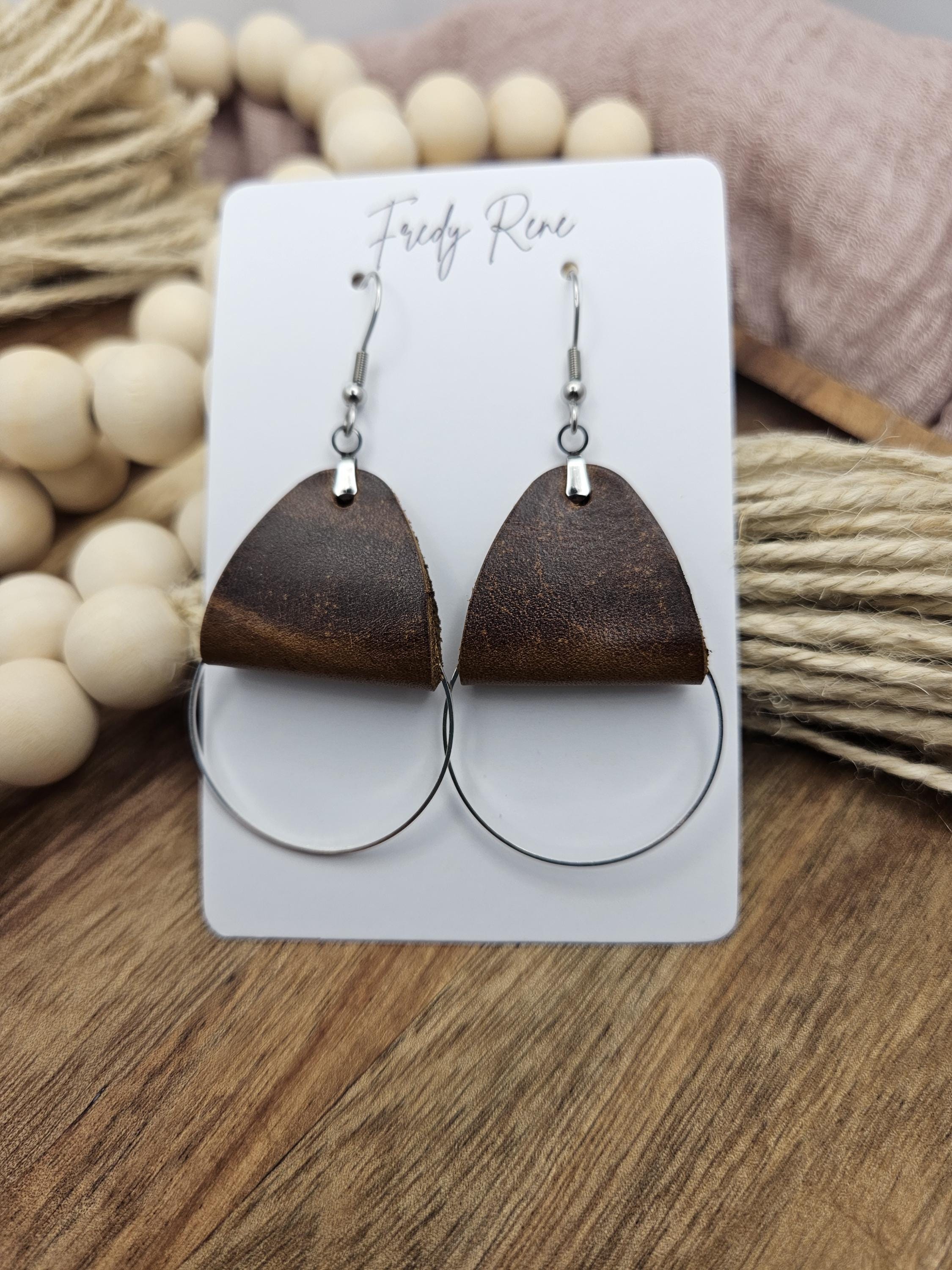 Brown leather dangle earrings, Silver metal circle accent, Light handmade genuine leather, Birthday gift for women, Rustic Boho drop earring - Thumbnail 2