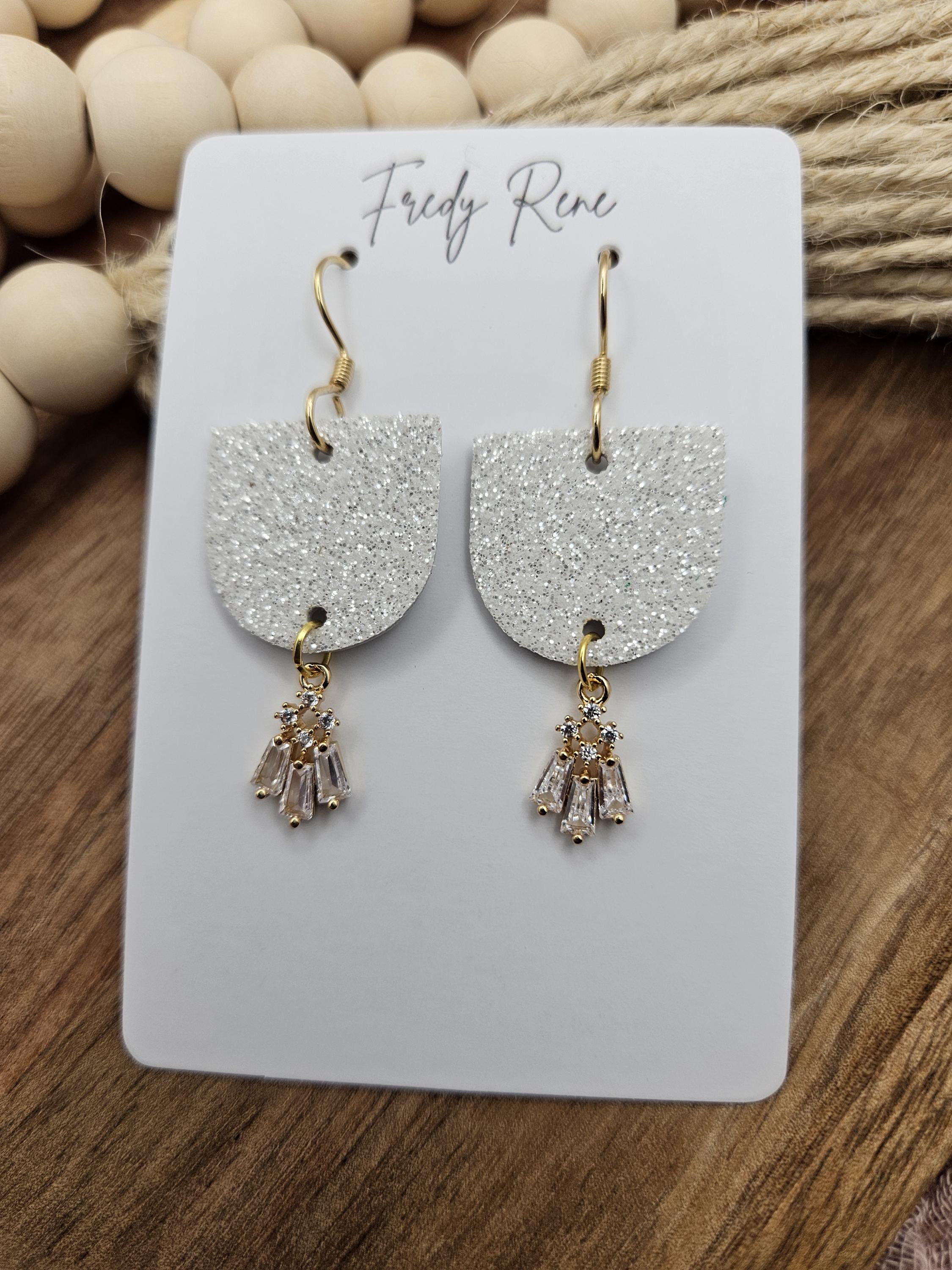 White Glitter Cork Backed with Genuine Leather Earrings - Thumbnail 4