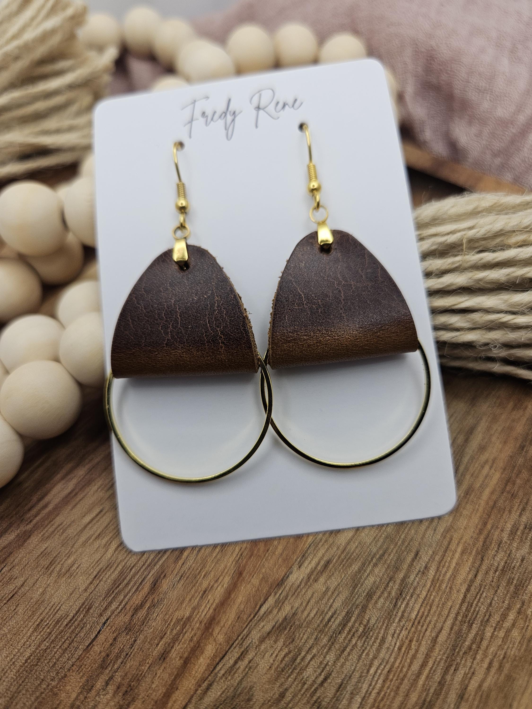Brown leather dangle earrings, Gold metal circle accent, Light handmade genuine leather, Birthday gift for women, Rustic Boho drop earrings - Image 1