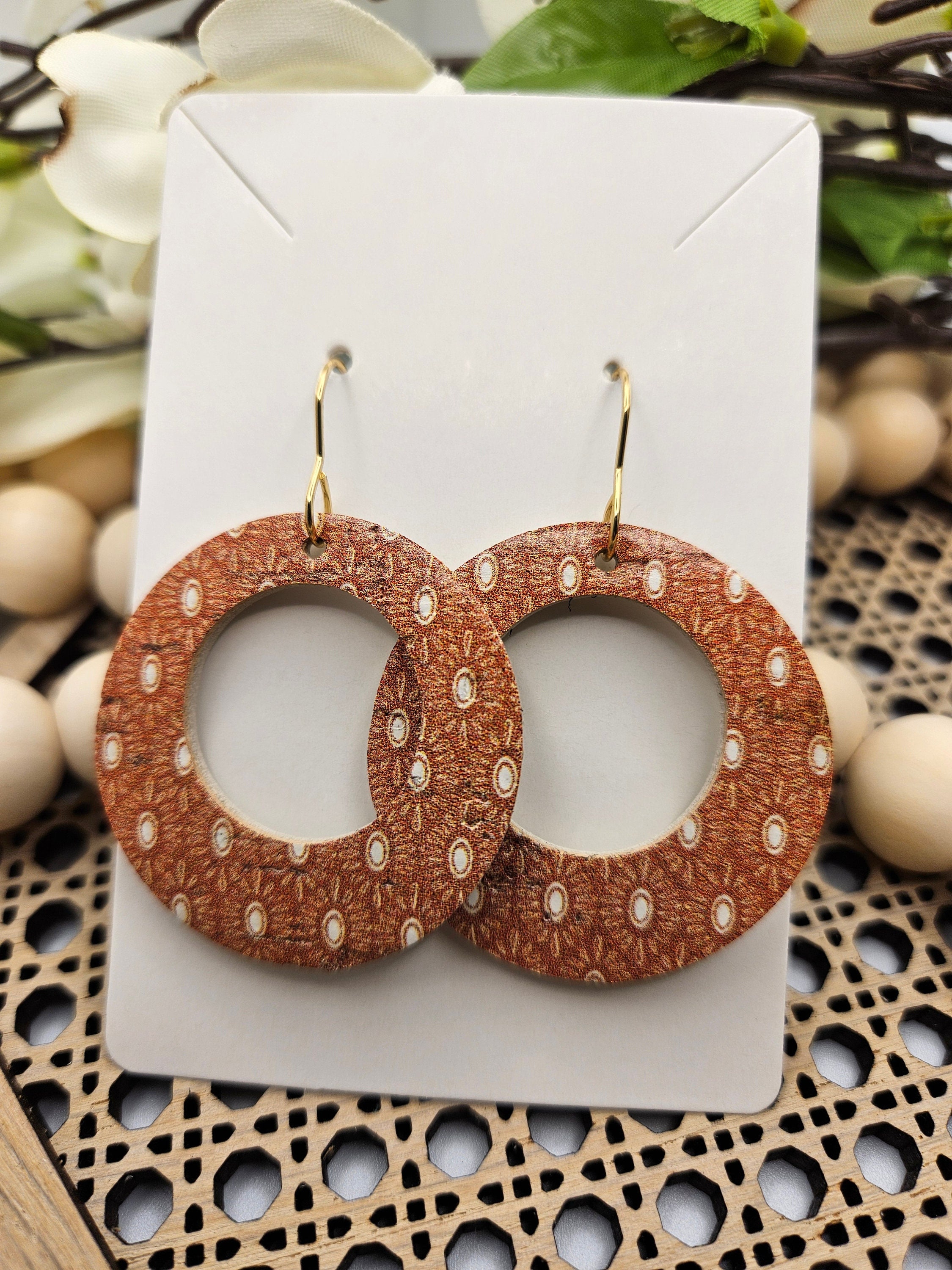 Handmade Mustard Boho Cork Earrings with Genuine Leather Backing- Lightweight Accessory for Everyday Wear - Thumbnail 2