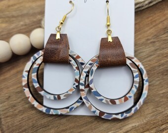 Genuine Leather & Wood Hoop Earrings, Handmade Lightweight, Everyday Wear, Boho Colors, Medium size