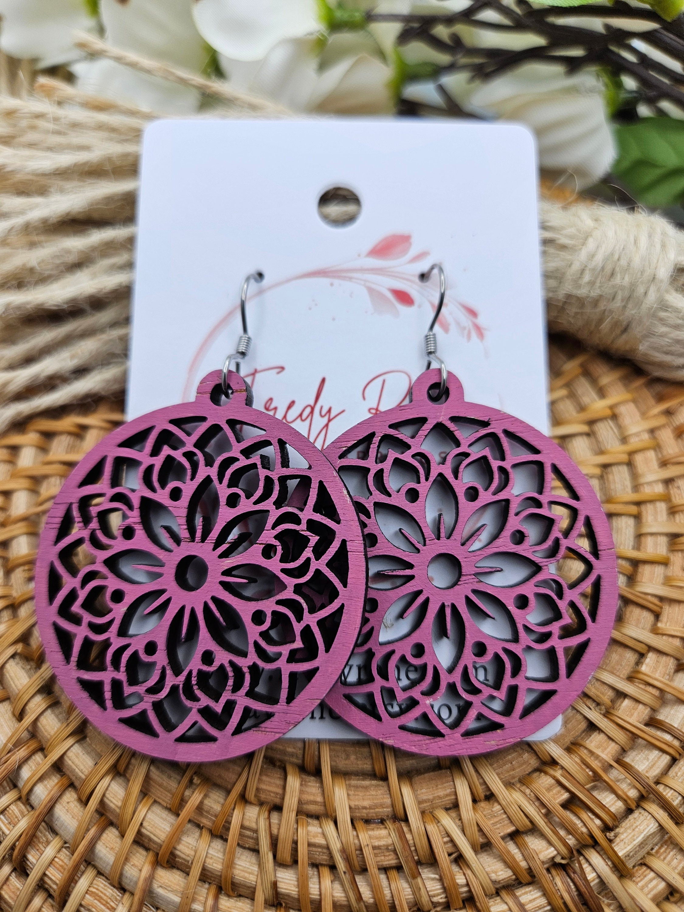 Handpainted Wooden Floral Earrings - Lightweight Statement Jewelry for Everyday Wear - Thumbnail 3