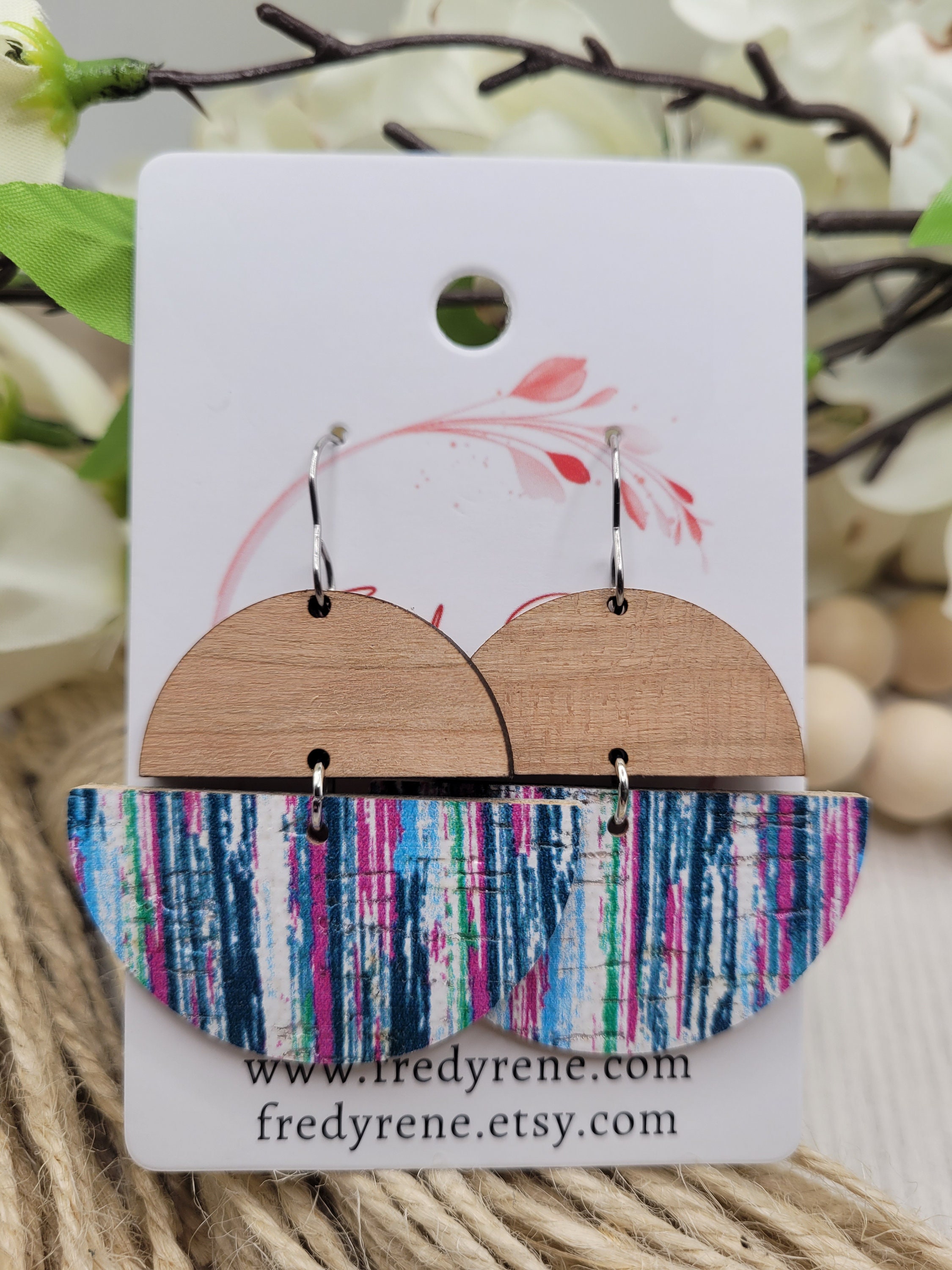 Handmade Wooden and Striped Cork backed with Leather Earrings with Light Weight Design - Thumbnail 5