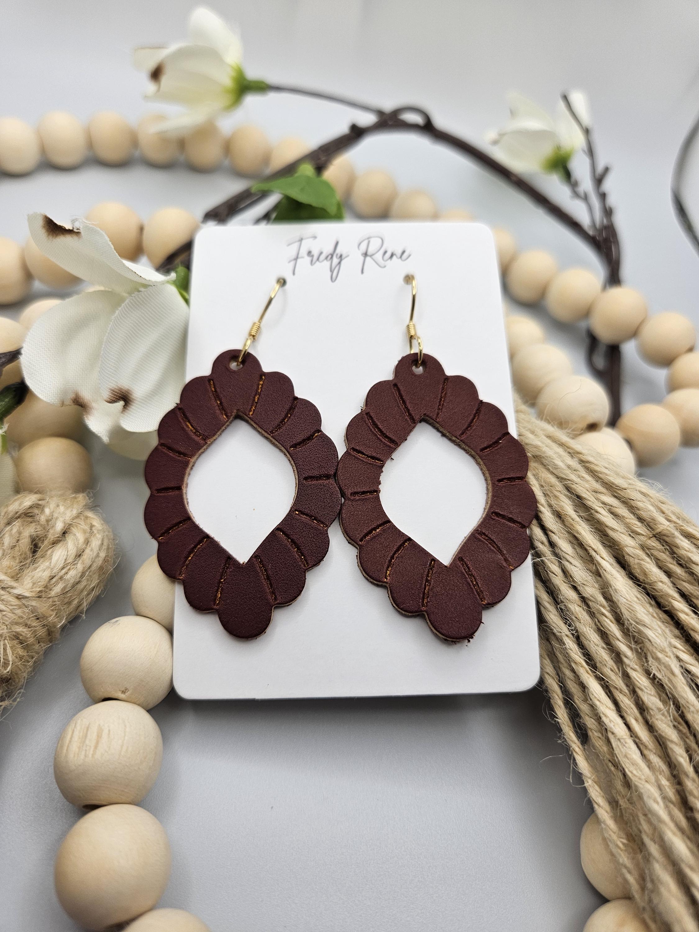 Embossed Reddish Brown Genuine Leather Earrings - Thumbnail 4