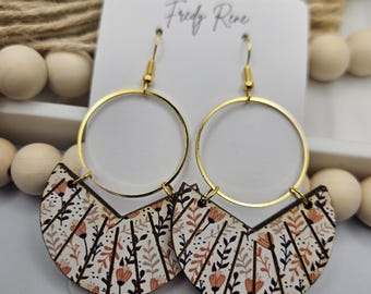 Handmade Wooden Floral Dangle Earrings with Gold Hardware