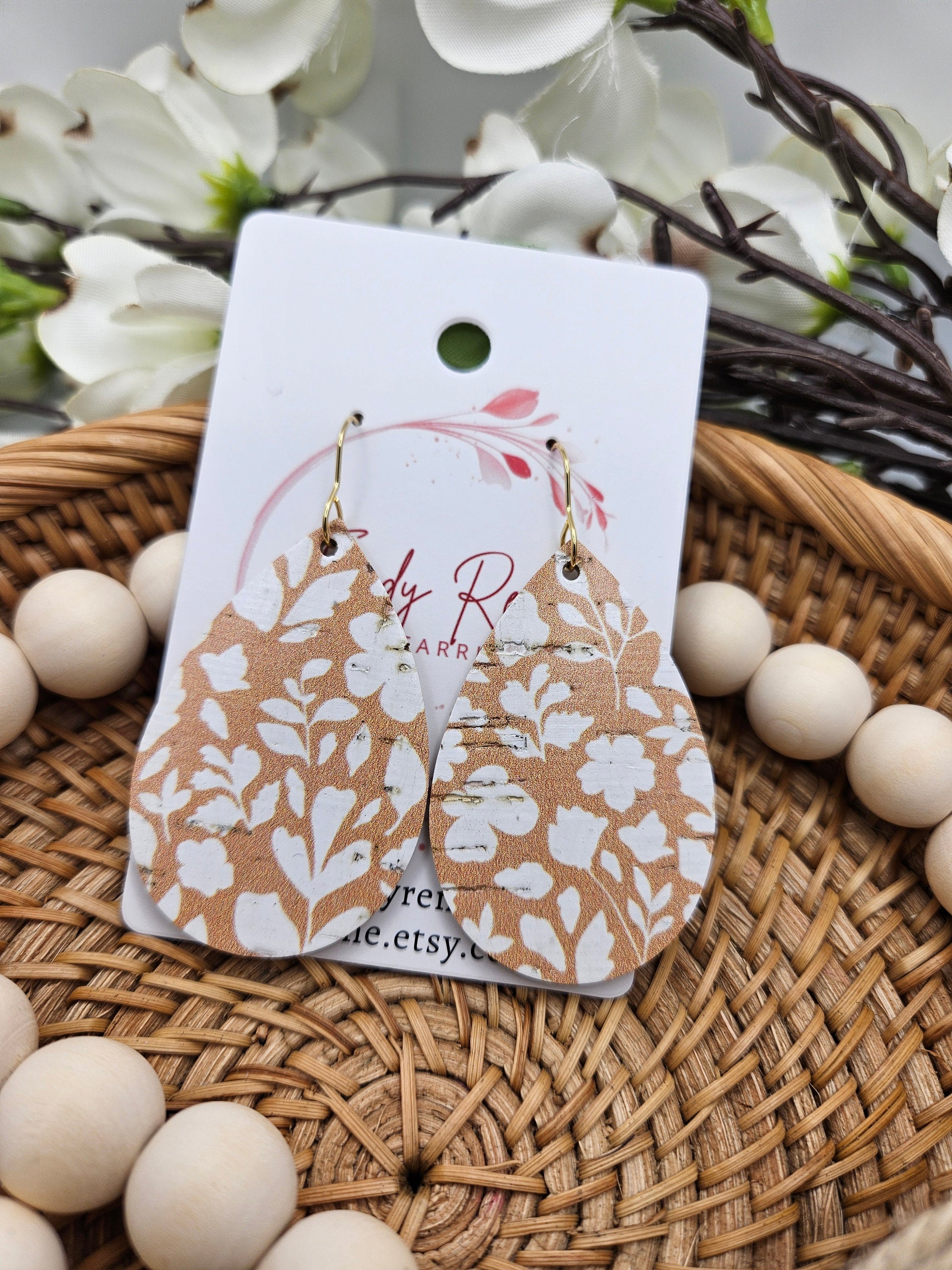Medium Handcrafted Floral Cork Teardrop Earrings with Genuine Leather Backing - Image 1