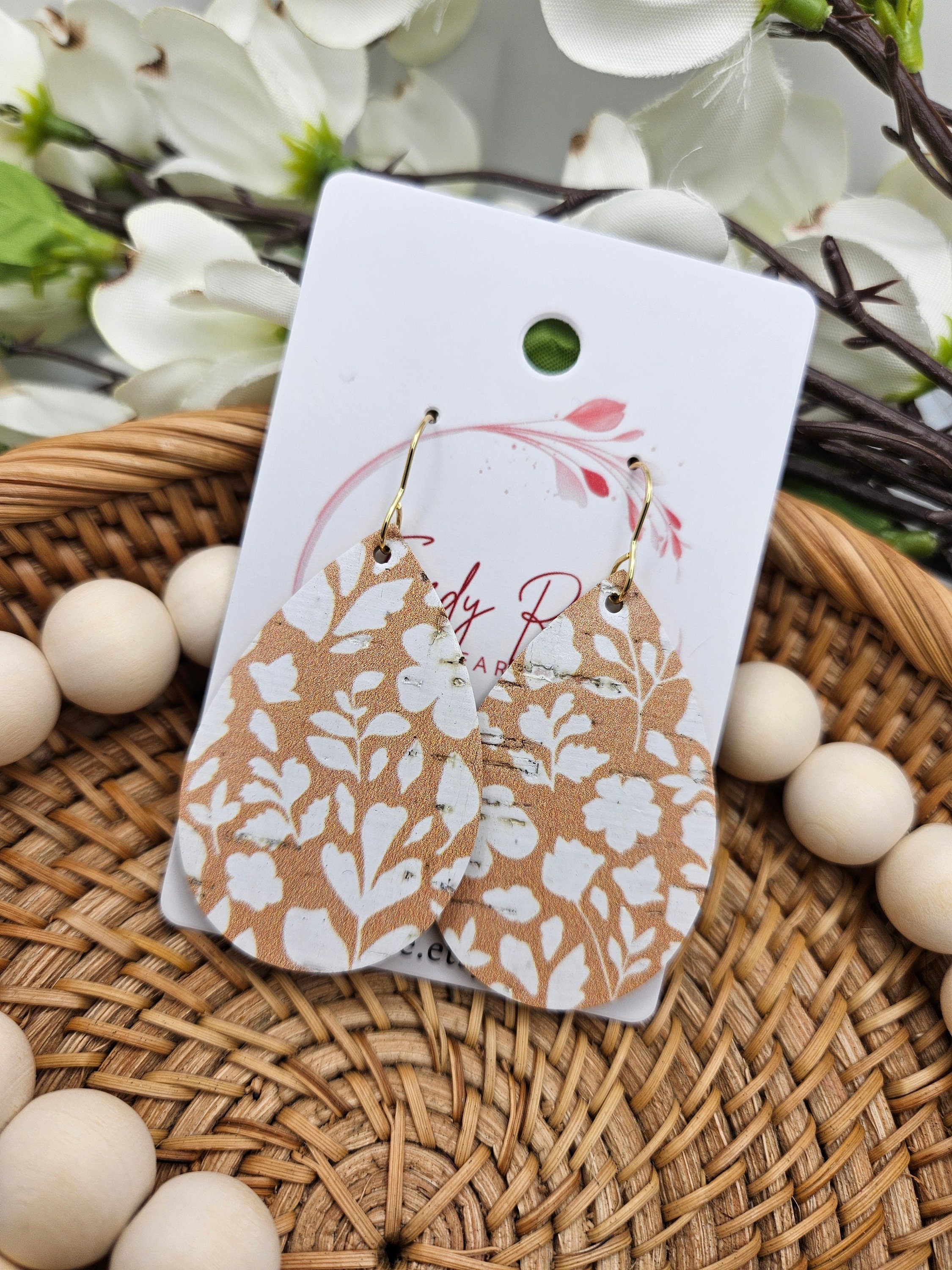 Medium Handcrafted Floral Cork Teardrop Earrings with Genuine Leather Backing - Thumbnail 3