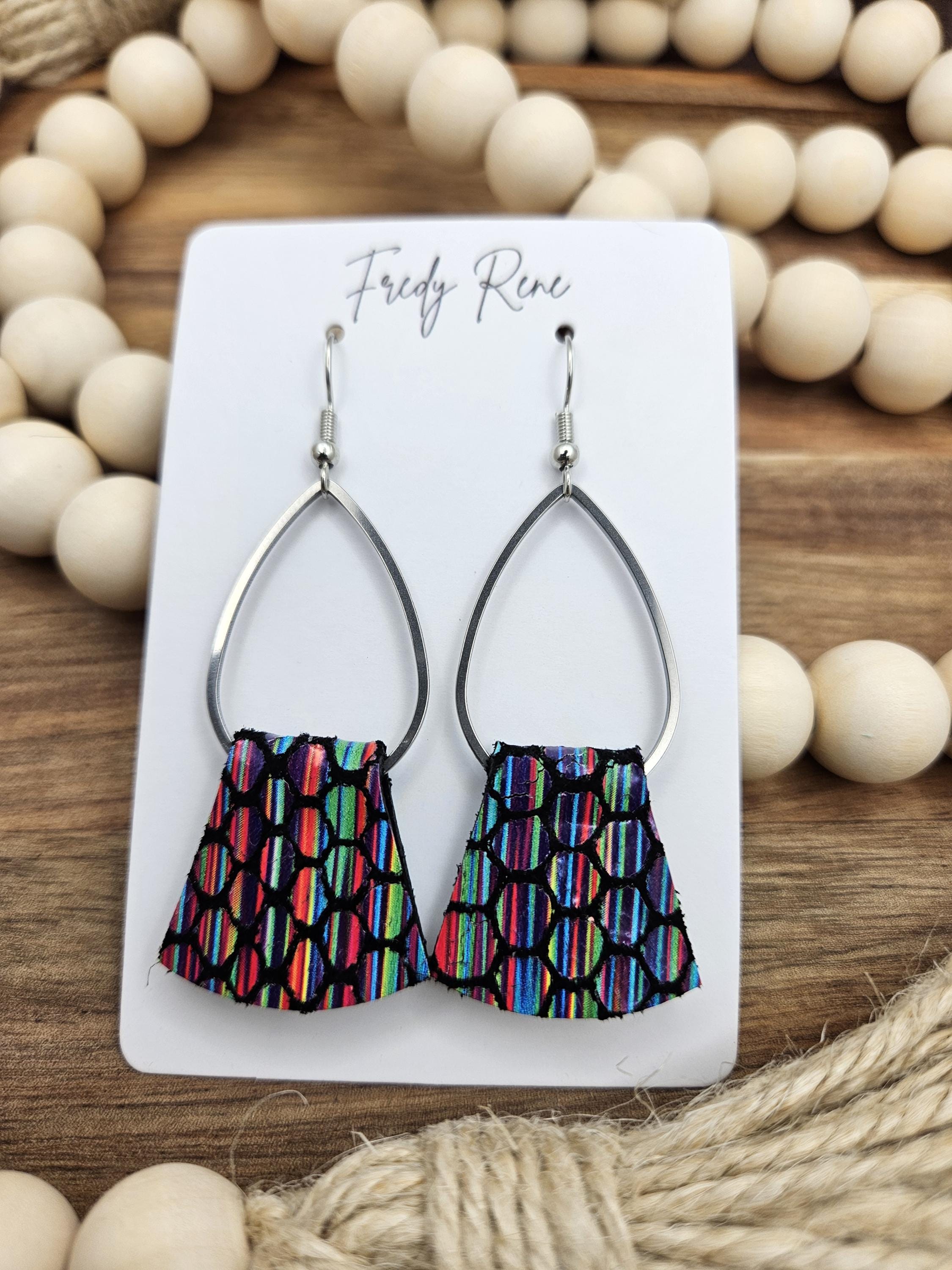 Metal Teardrop with Multicolor Genuine Leather Earrings - Thumbnail 7