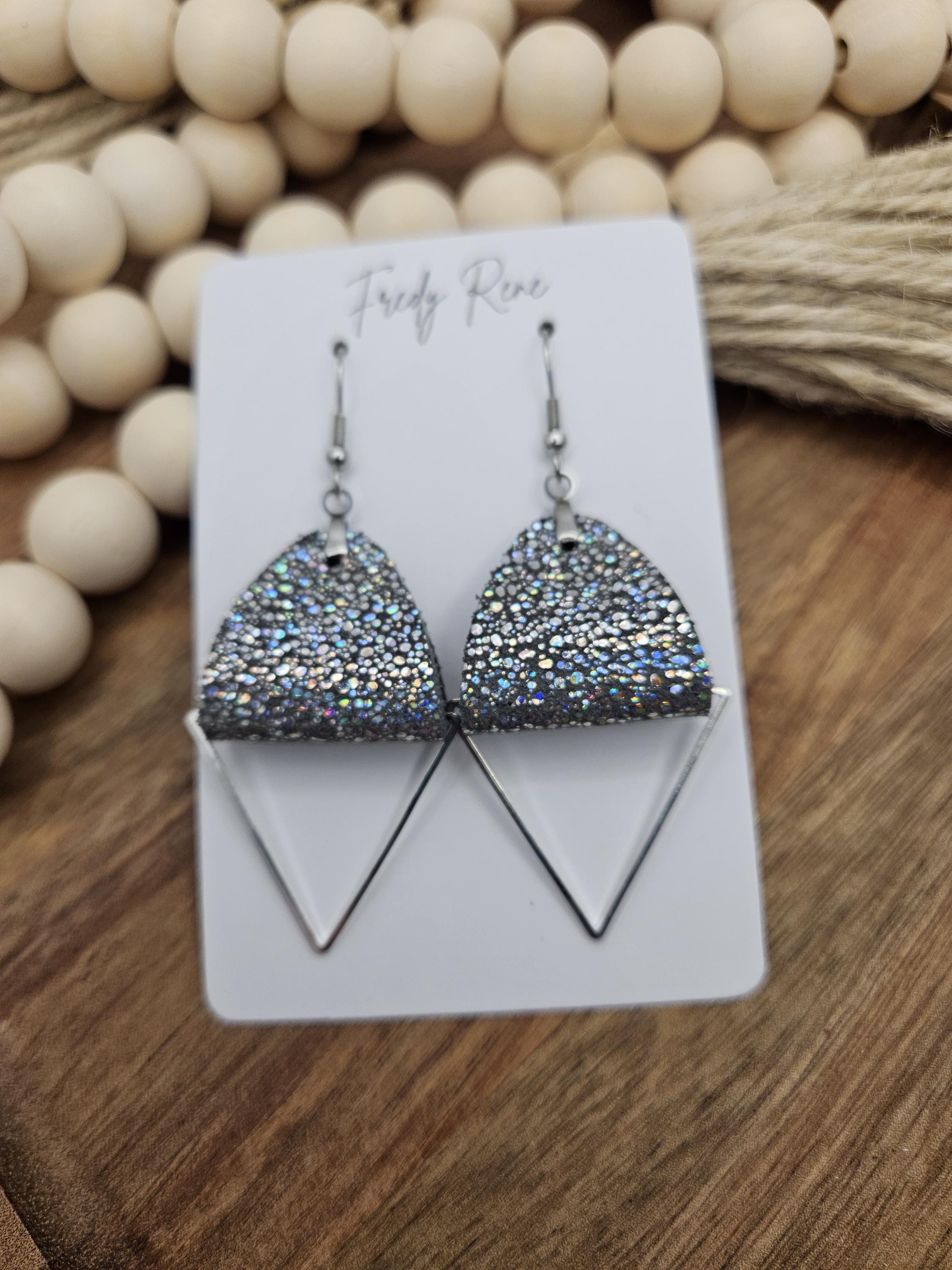 Handmade Silver Sparkle Leather Earrings with Silver Metal Triangle- Lightweight - Thumbnail 3