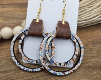 Genuine Leather & Wood Hoop Earrings, Handmade Lightweight, Everyday Wear, Boho Colors, Large size