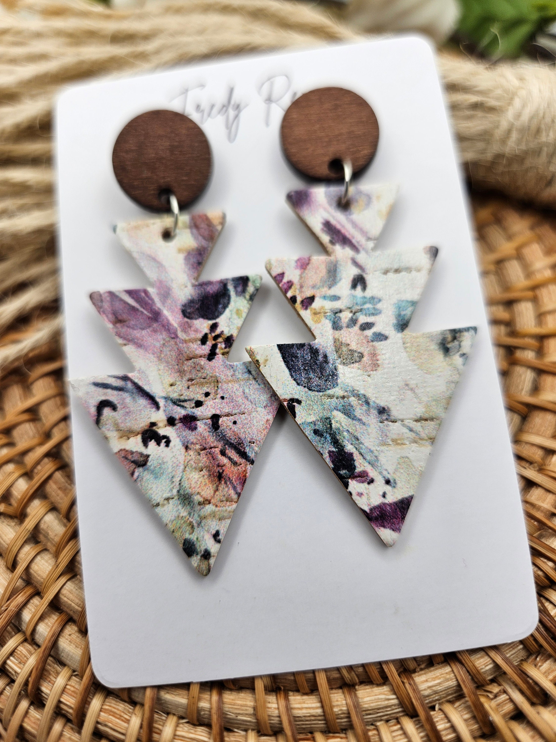 Watercolor Floral Cork Earrings with Genuine Leather Backing- Lightweight Handmade with Wooden Studs - Thumbnail 3