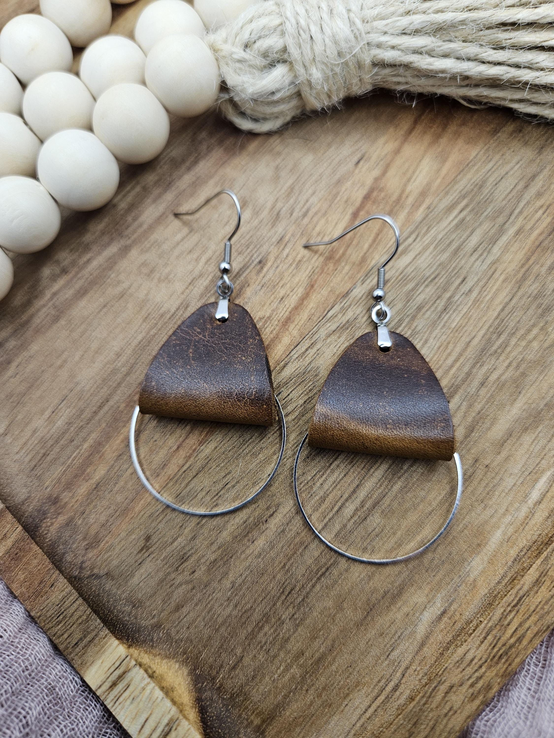 Brown leather dangle earrings, Silver metal circle accent, Light handmade genuine leather, Birthday gift for women, Rustic Boho drop earring - Thumbnail 6