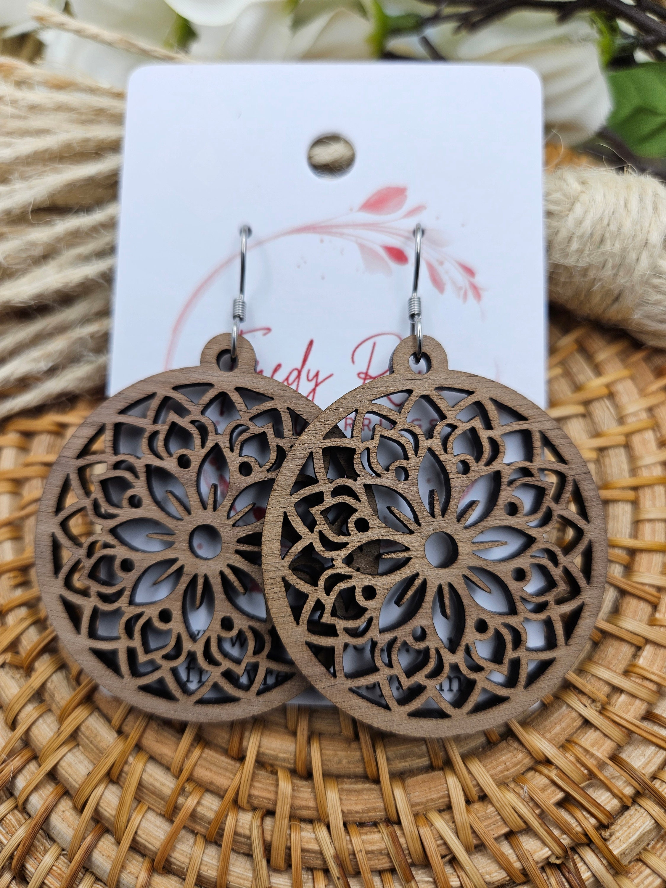 Handmade Lightweight Floral Walnut Colored Wood Earrings for Everyday Wear - Thumbnail 3