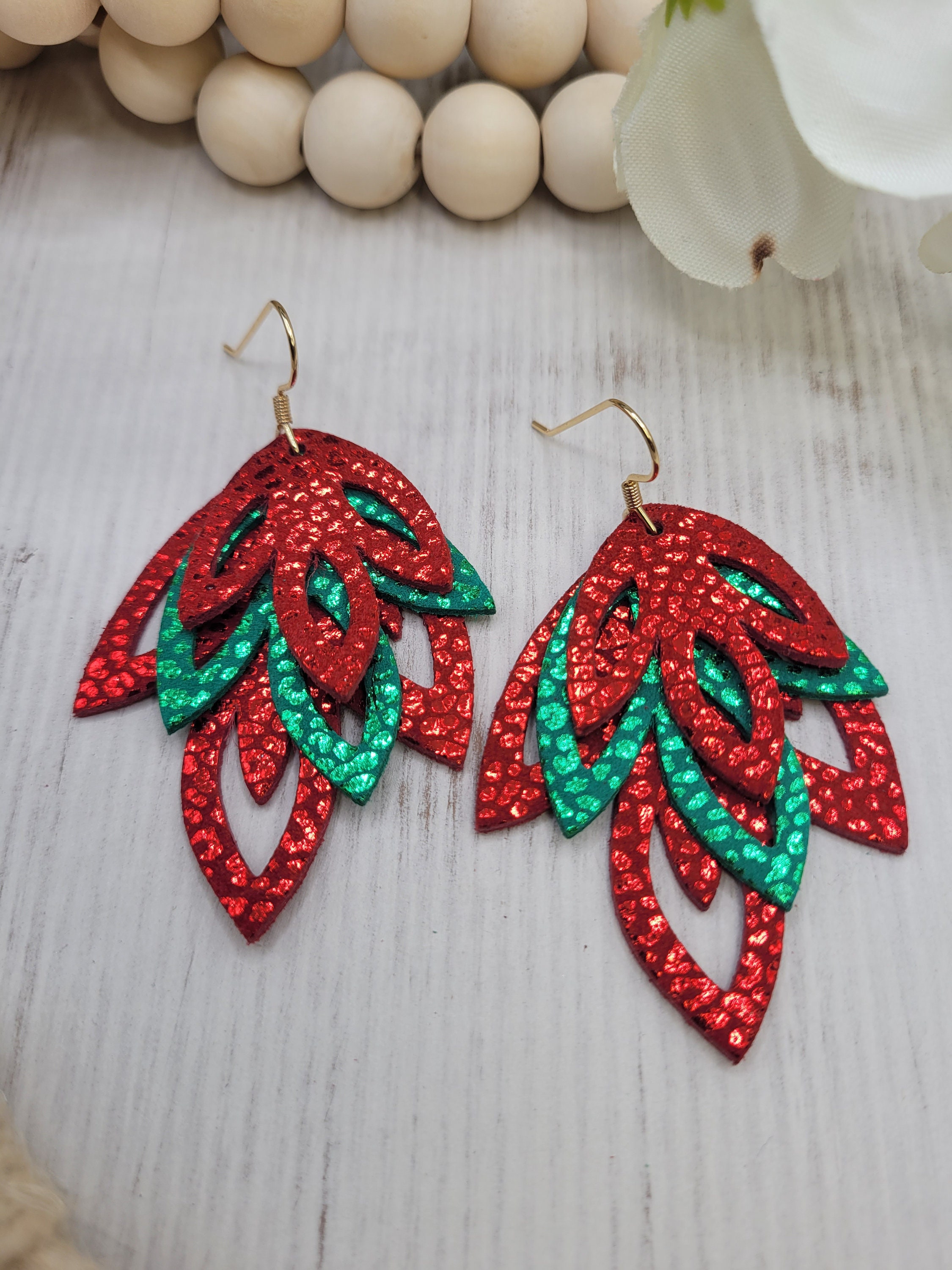 Red & Green Iridescence Festive Leather Earrings- Handmade Lightweight Holiday Dangles - Thumbnail 4