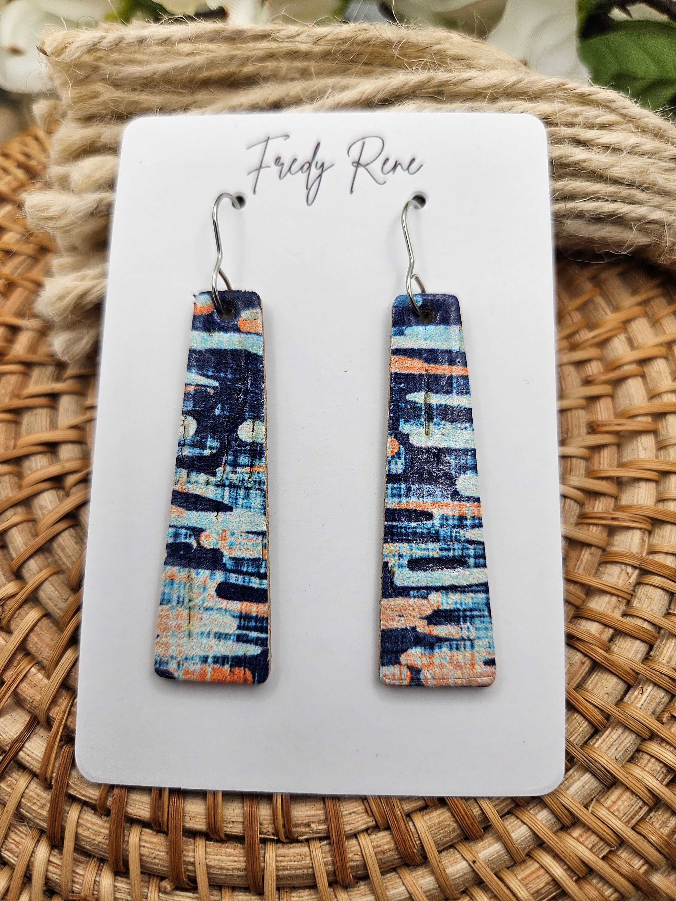 Abstract Blue Bar Cork Earrings with Genuine Leather Backing- Handmade Dangle Earrings for Everyday Wear - Thumbnail 3