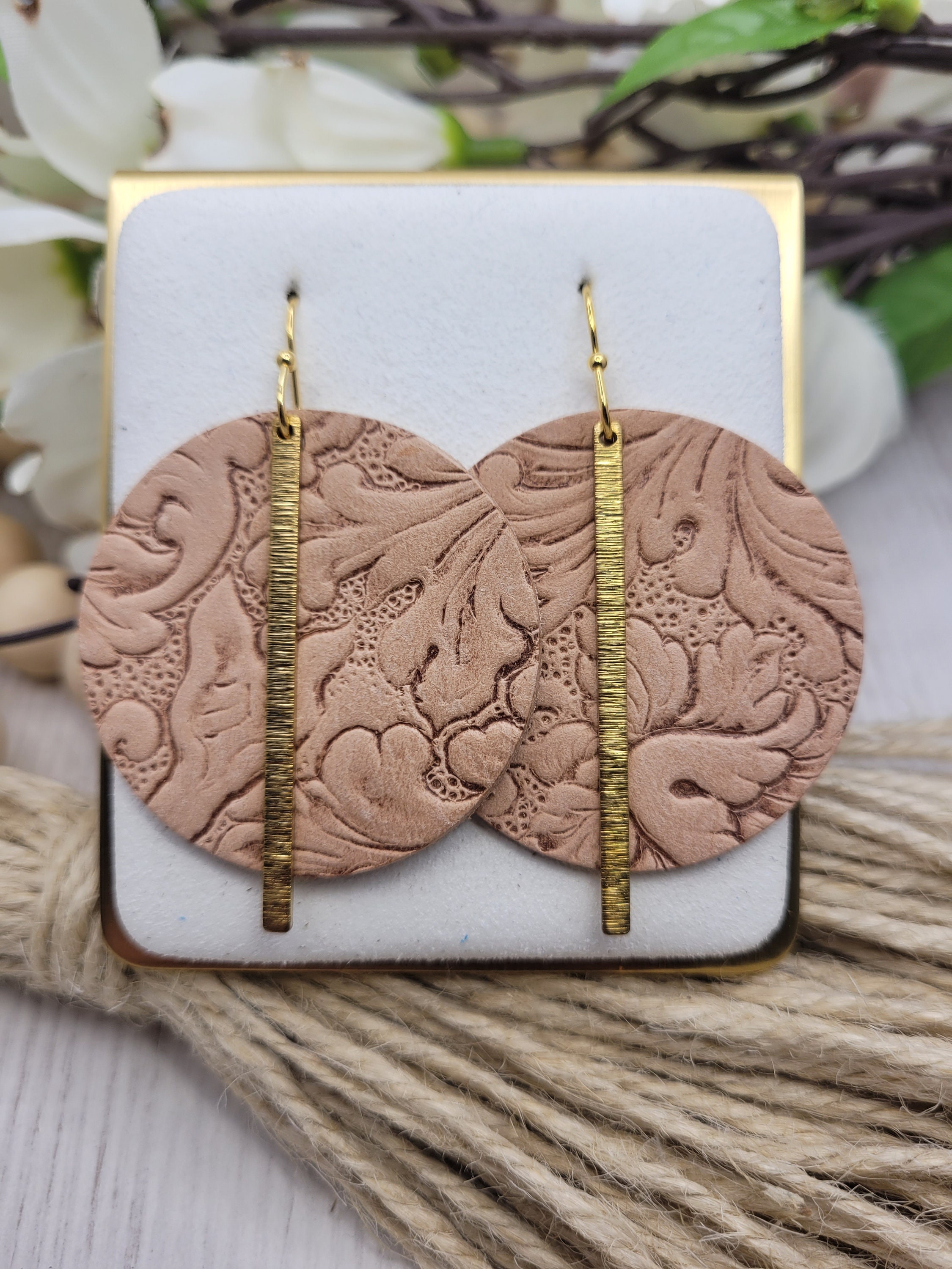 Handmade Embossed Tan Leather & Brass Earrings with Stainless Steel Hooks for Everyday Wear - Thumbnail 4