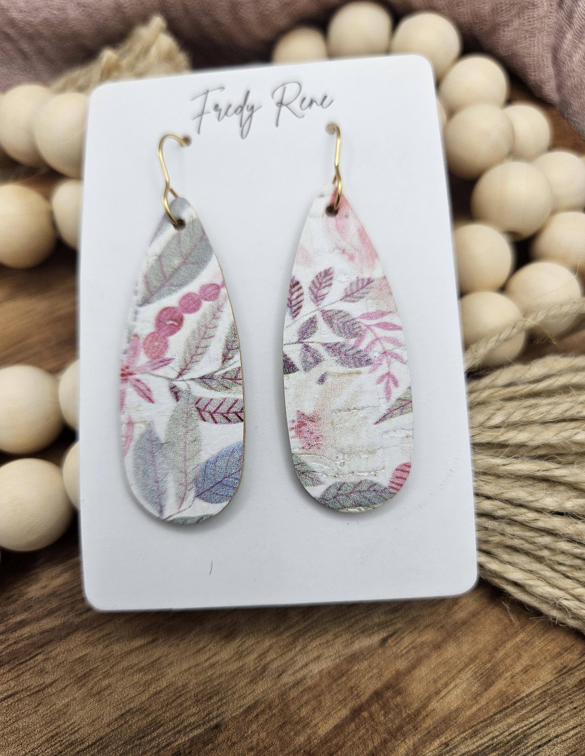 Handcrafted Narrow Floral Cork Teardrop Earrings with Genuine Leather Backing - Thumbnail 5