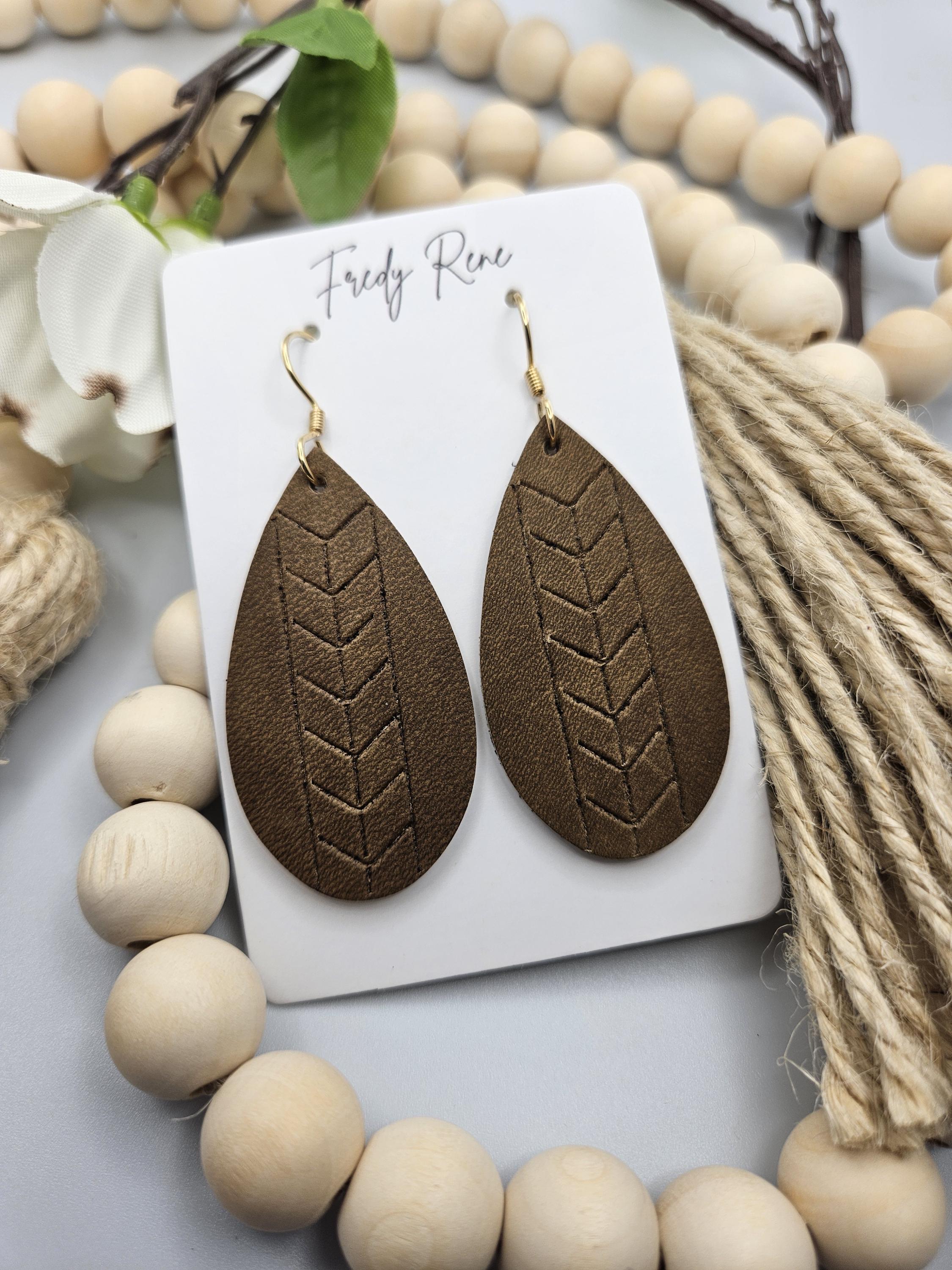 Medium Embossed Leather Teardrop Earrings- Olive Brown - Thumbnail 2