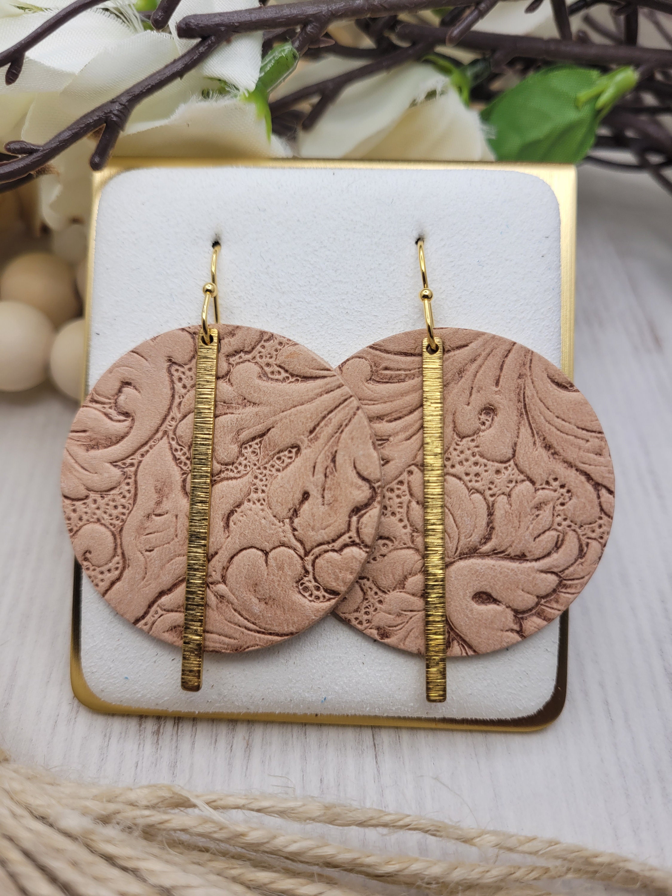 Handmade Embossed Tan Leather & Brass Earrings with Stainless Steel Hooks for Everyday Wear - Thumbnail 5