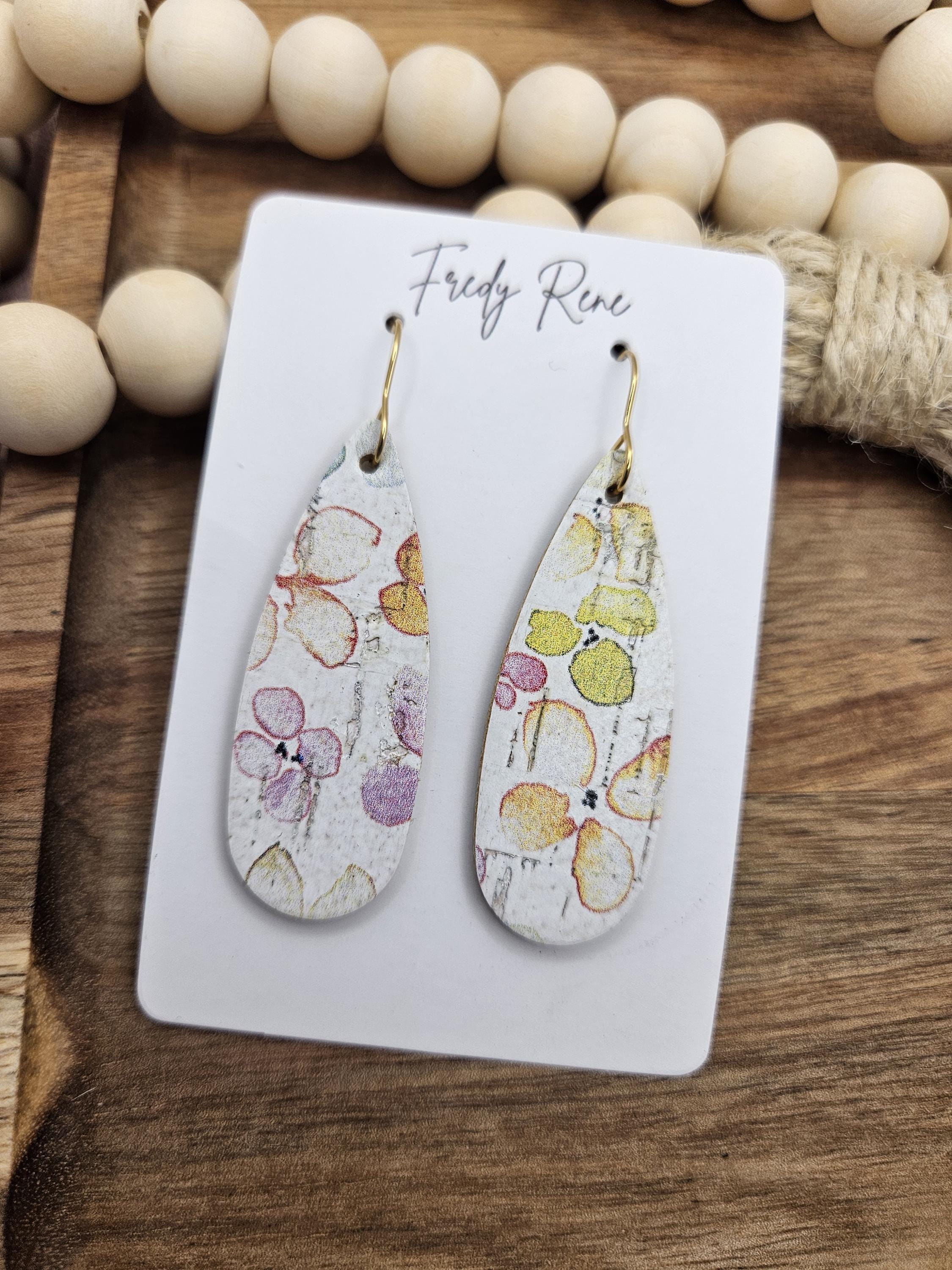 Handcrafted Narrow Watercolor Floral Cork Teardrop Earrings with Genuine Leather Backing - Thumbnail 6
