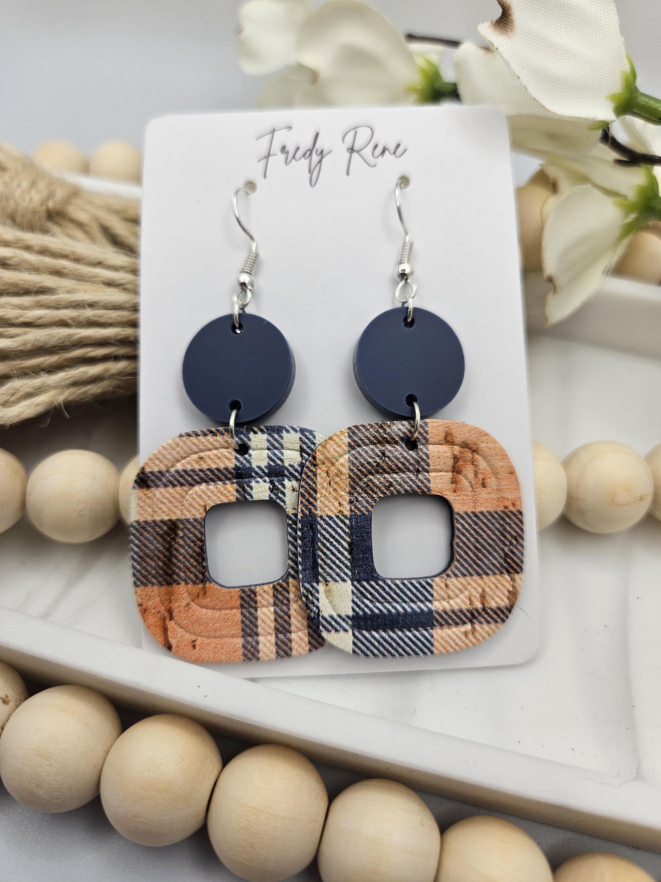 Trendy Fall Plaid Cork Earrings Backed with Genuine Leather for Everyday Wear & Statement Style - Thumbnail 5