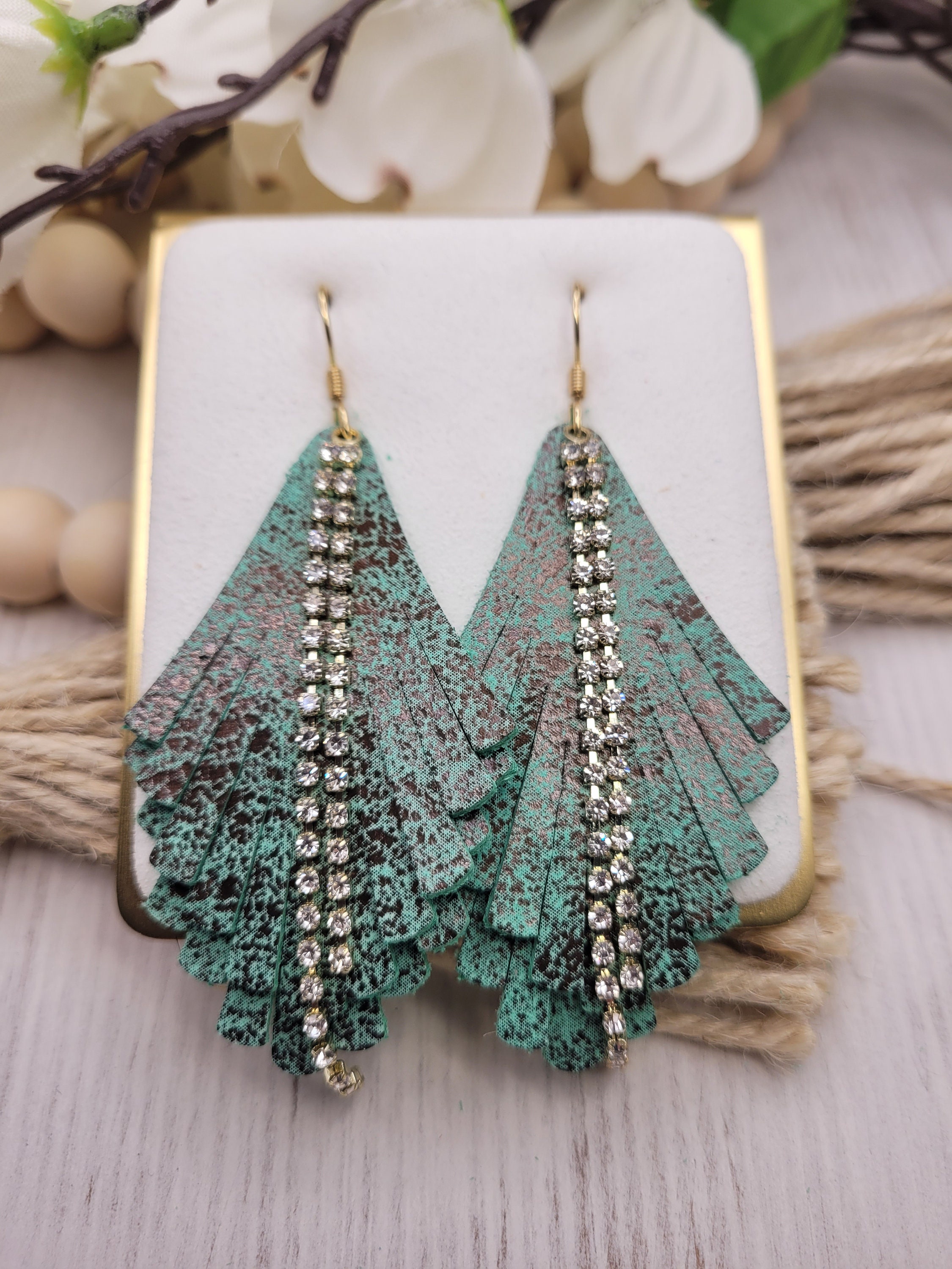 Handmade Lightweight Leather Earrings with Rhinestone Accents - Thumbnail 5