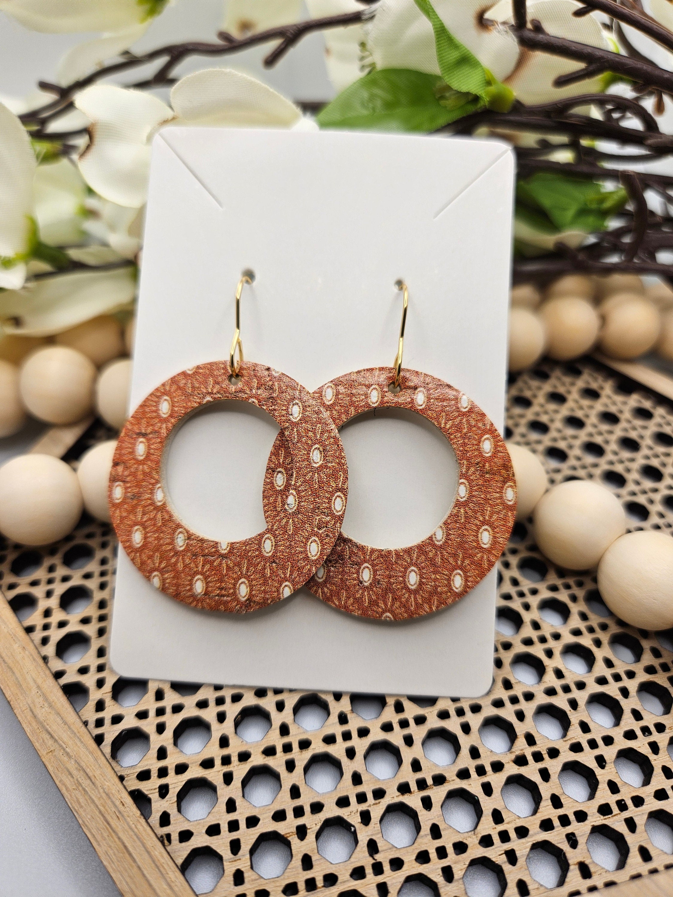Handmade Mustard Boho Cork Earrings with Genuine Leather Backing- Lightweight Accessory for Everyday Wear - Thumbnail 3