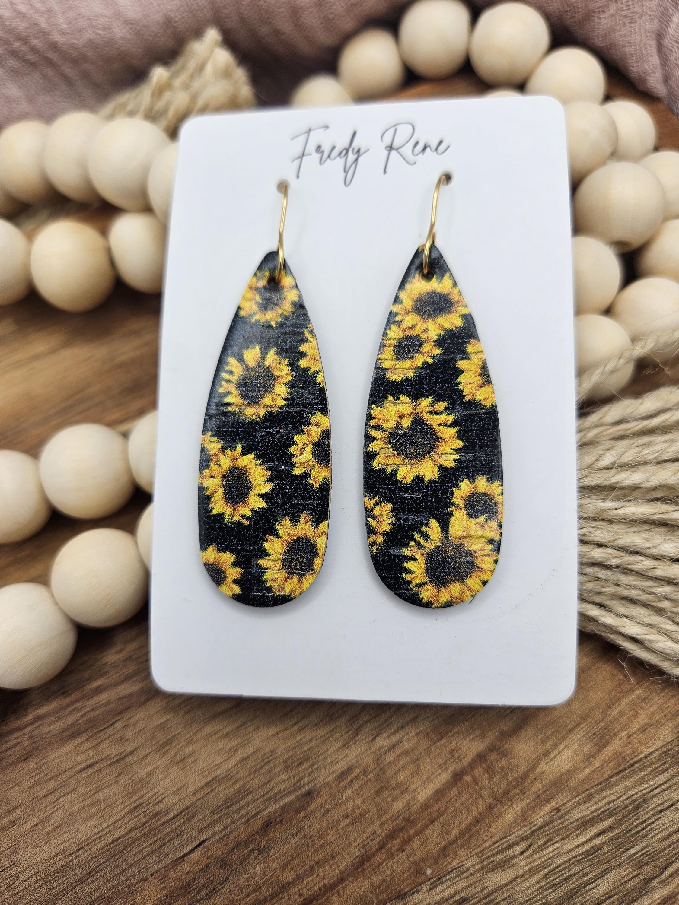 Handcrafted Narrow Sunflower Cork Teardrop Earrings with Genuine Leather Backing - Thumbnail 2