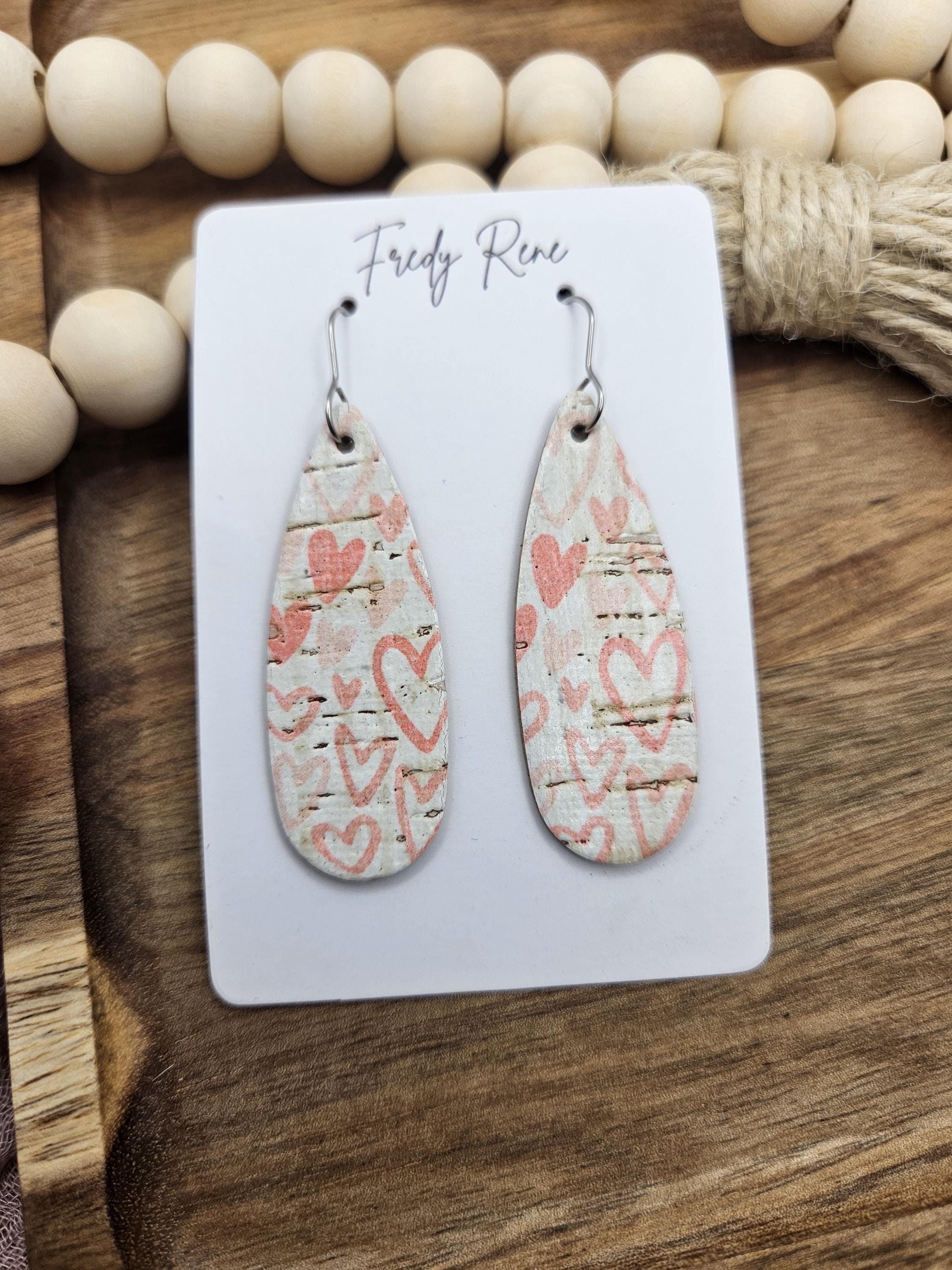 Handcrafted Narrow Heart Cork Teardrop Earrings with Genuine Leather Backing - Thumbnail 2