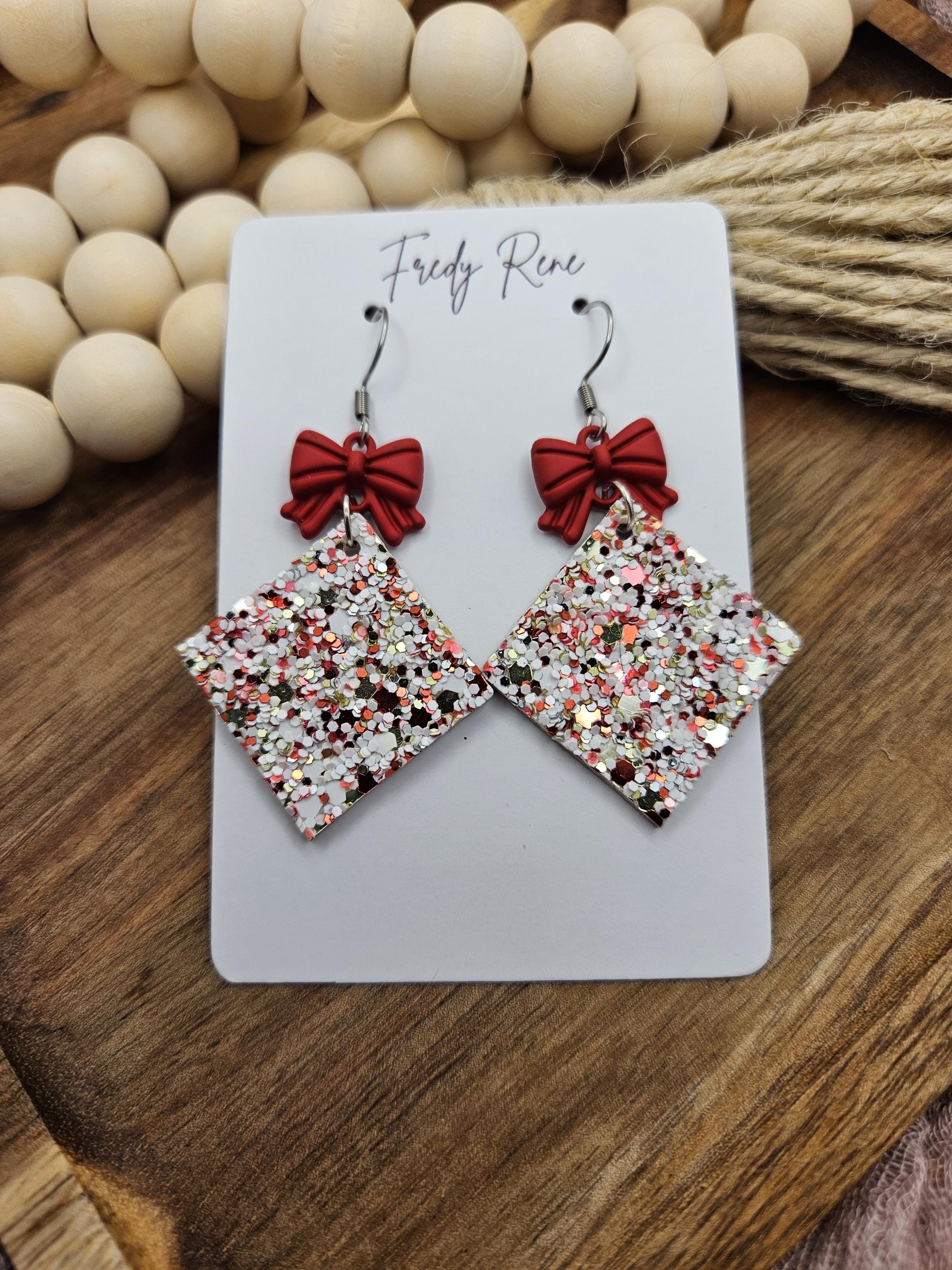 Handcrafted Red & Green Speckled Glitter Cork Earrings backed with Genuine Leather - Thumbnail 4