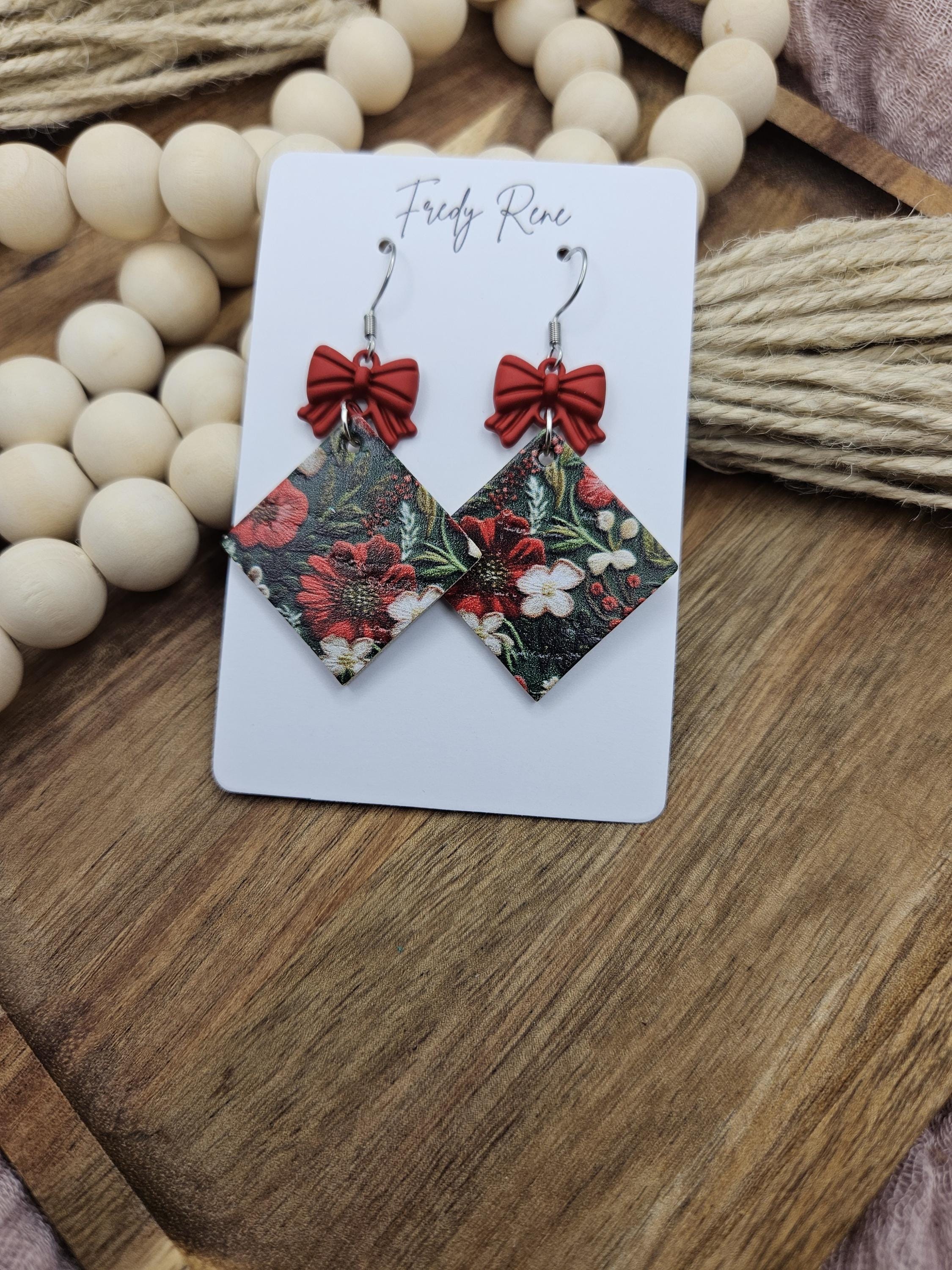 Handcrafted Red & Green Floral Cork Earrings with Genuine Leather Backing- Lightweight, Stylish, and Trendy Accessory for Holiday Wear - Thumbnail 5