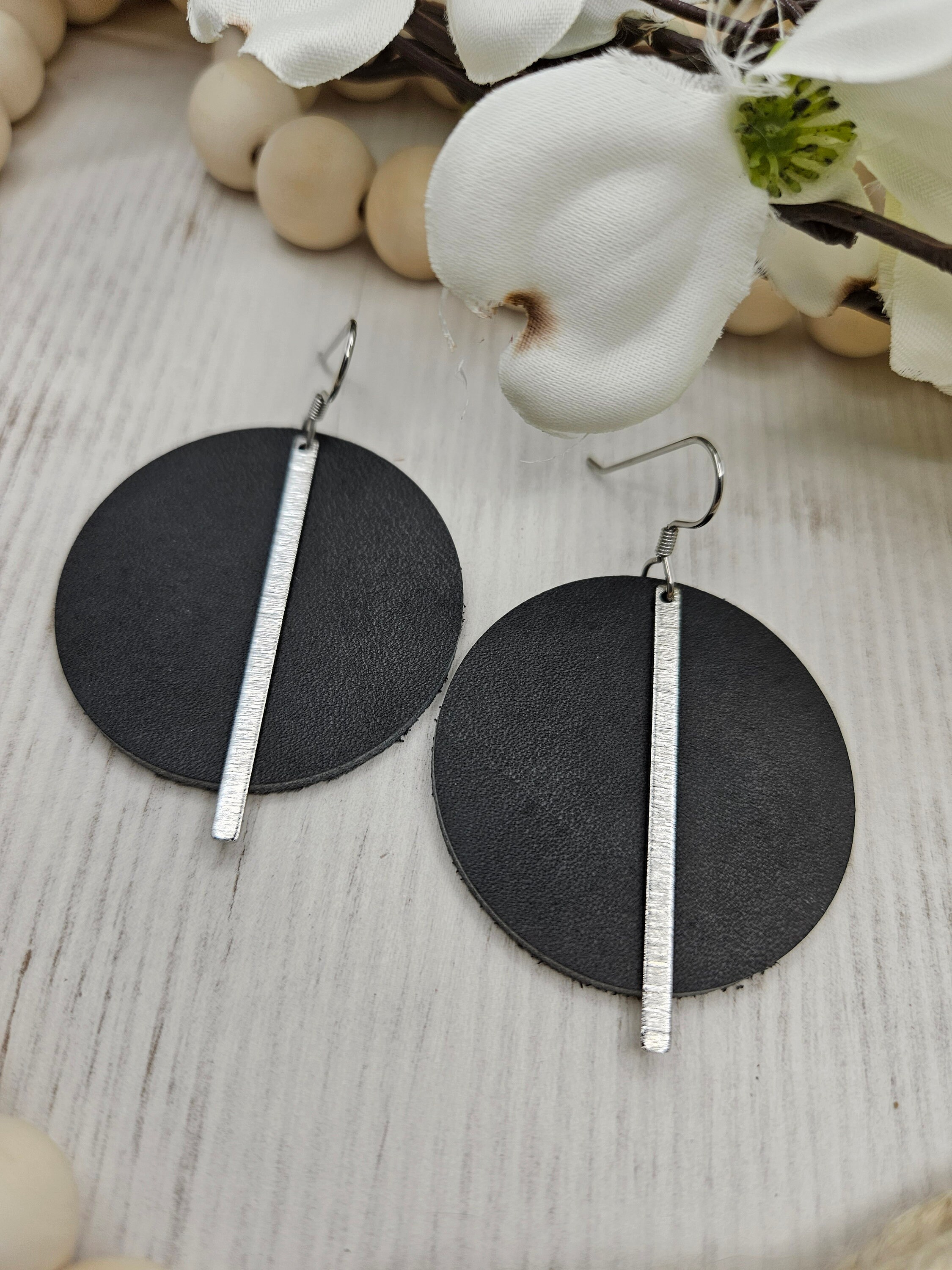Stylish Dark Grey Leather Earrings with Silver Brass Bars - Handmade Genuine Leather Statement Earrings - Thumbnail 5
