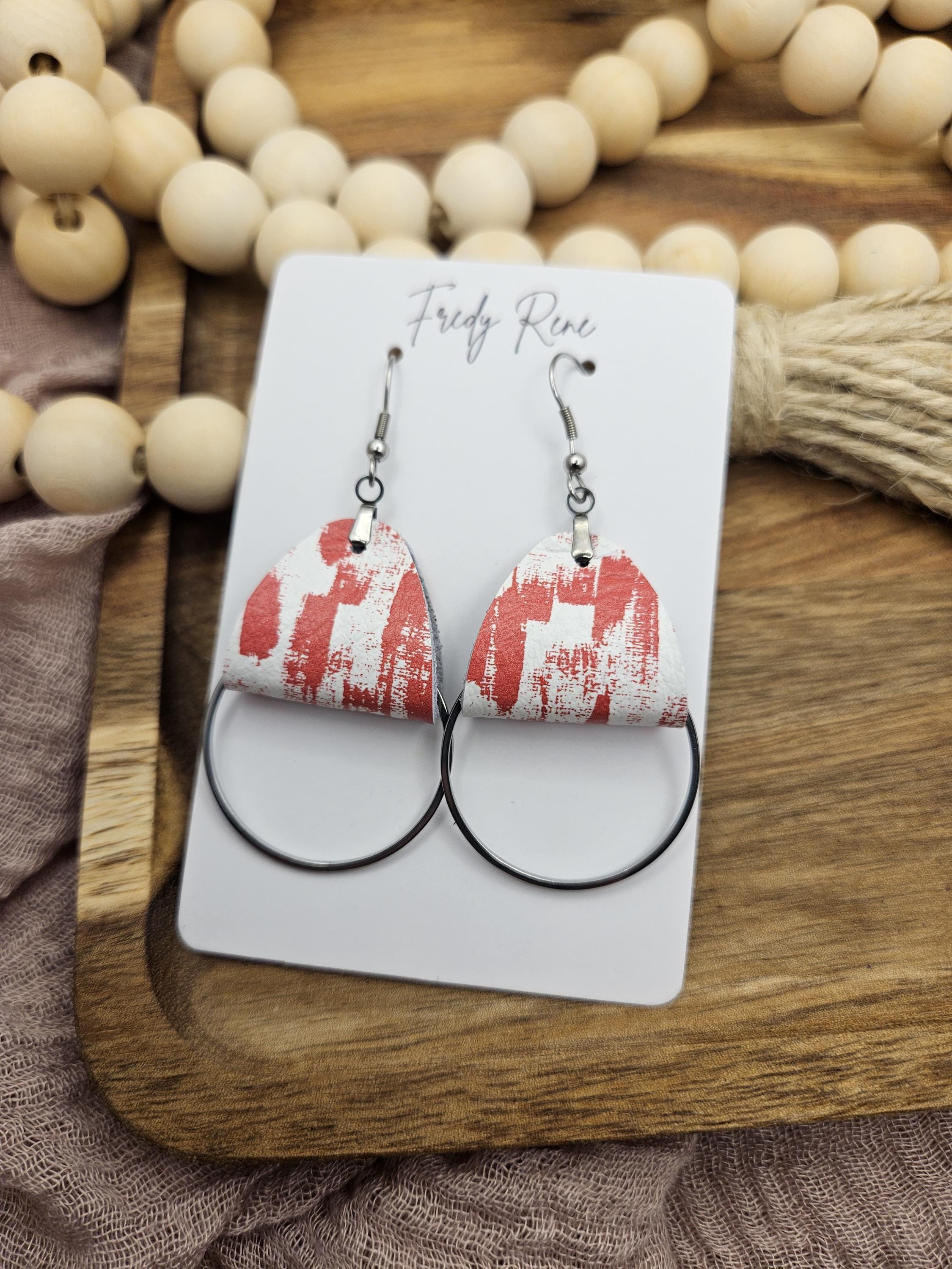 Handmade Red Abstract Striped Leather Earrings with Stainless Steel Circle Detail - Thumbnail 4