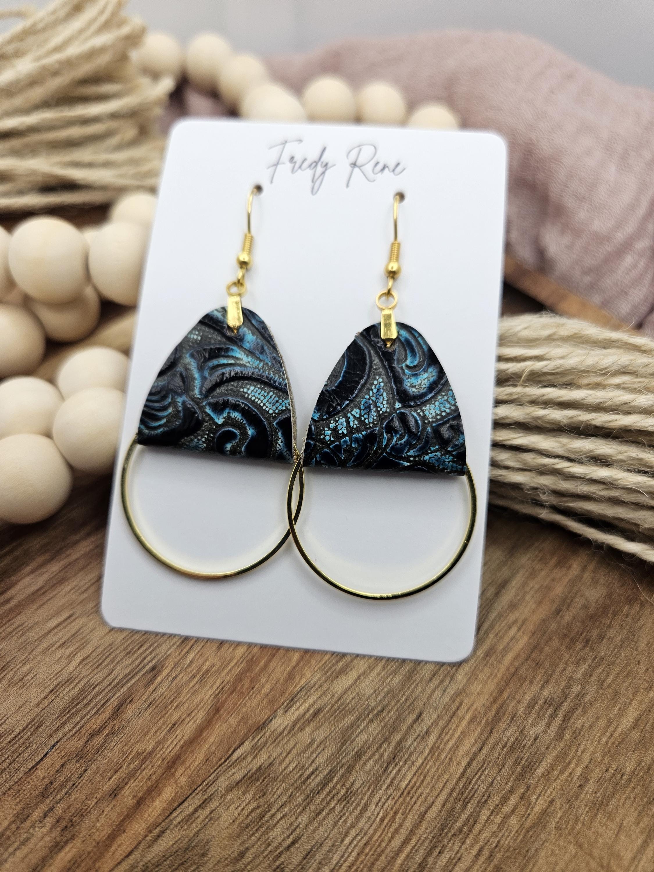 Stylish Blue Leather Earrings with Gold Metal Circles - Handmade Lightweight Design for Everyday or Special Occasions - Image 1