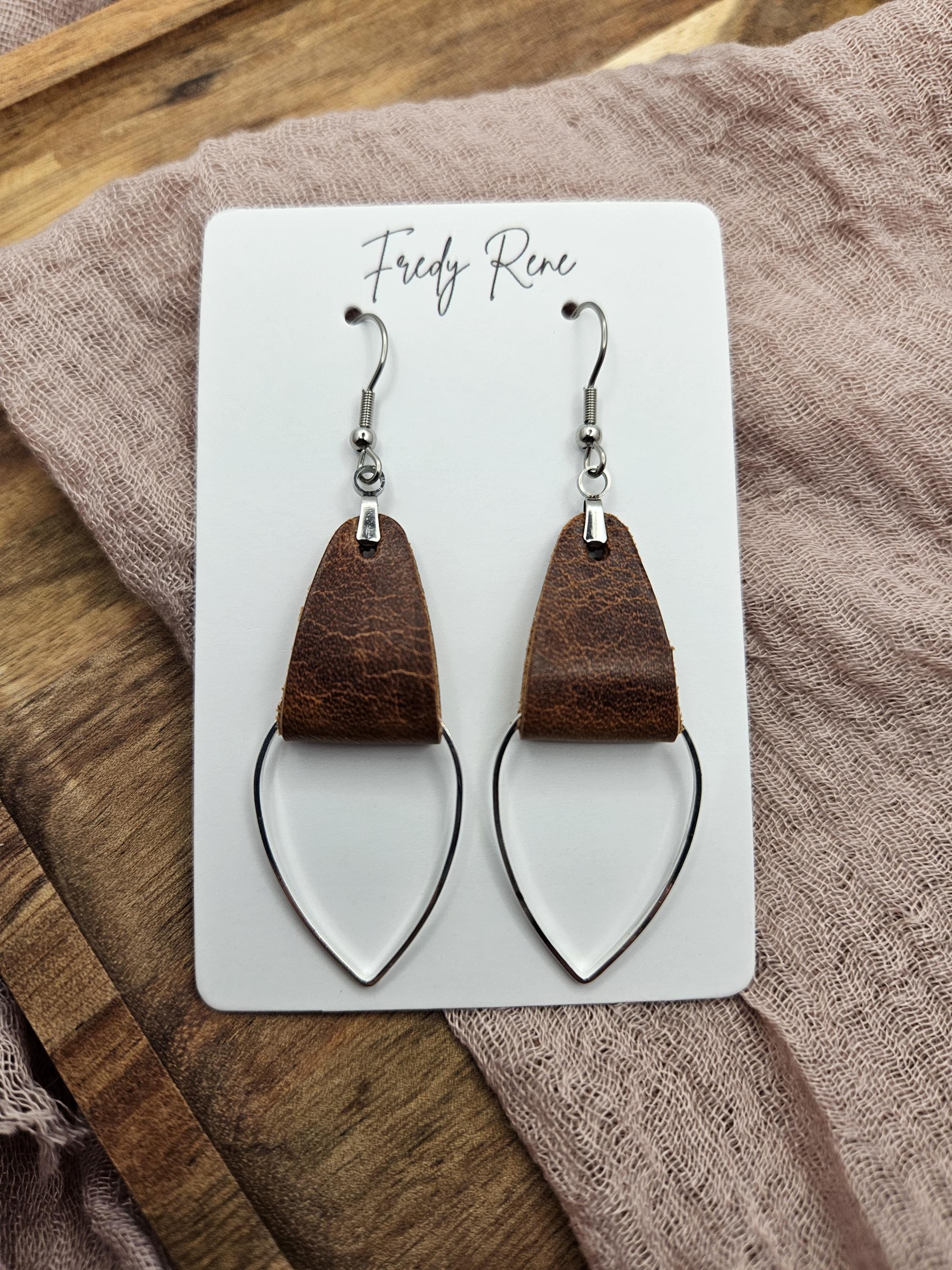 Brown Leather & Metal Teardrop Earrings - Thumbnail 2