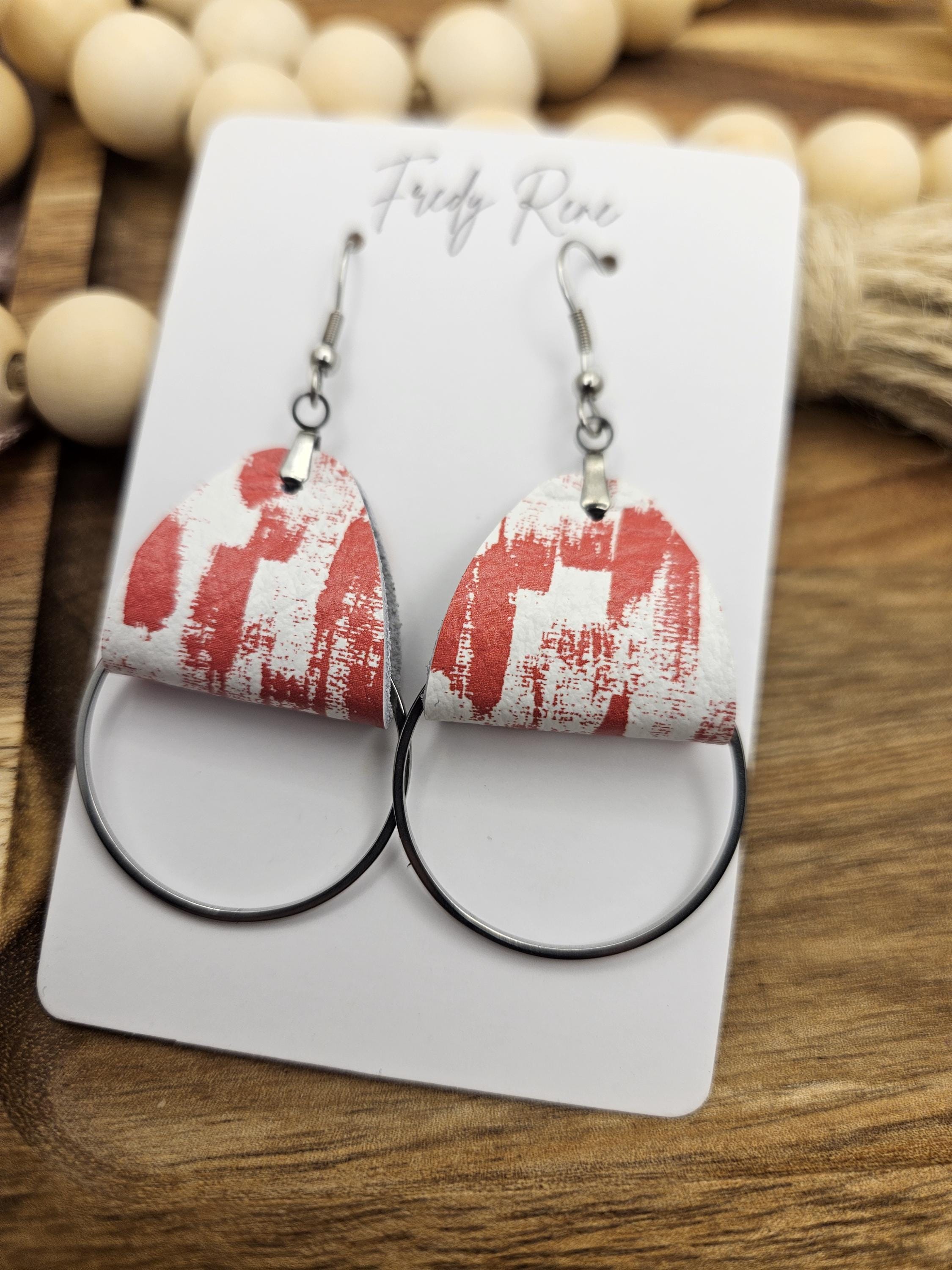 Handmade Red Abstract Striped Leather Earrings with Stainless Steel Circle Detail - Image 1