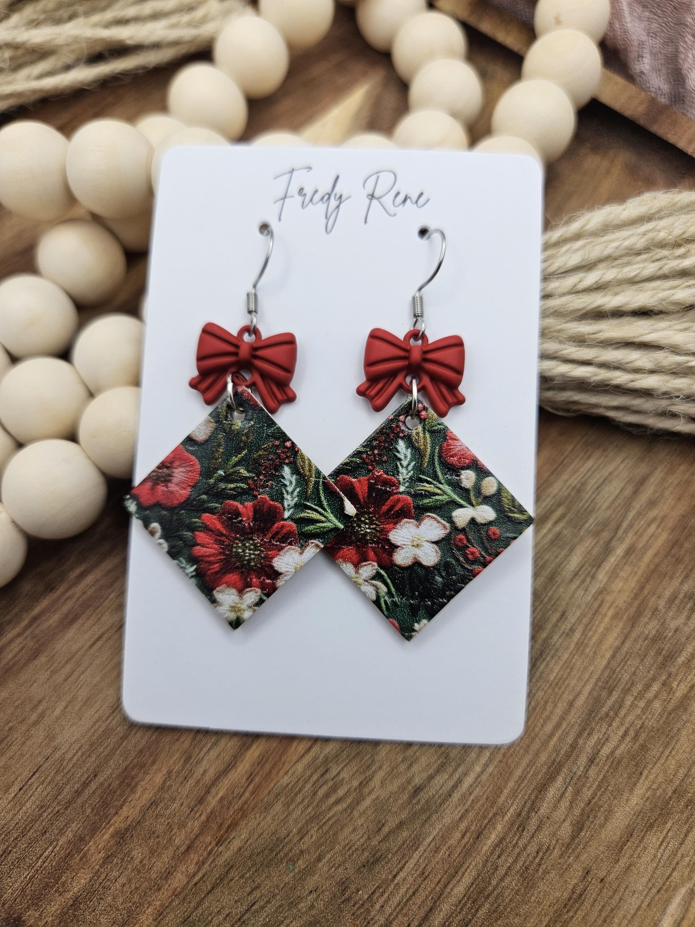 Handcrafted Red & Green Floral Cork Earrings with Genuine Leather Backing- Lightweight, Stylish, and Trendy Accessory for Holiday Wear - Thumbnail 7