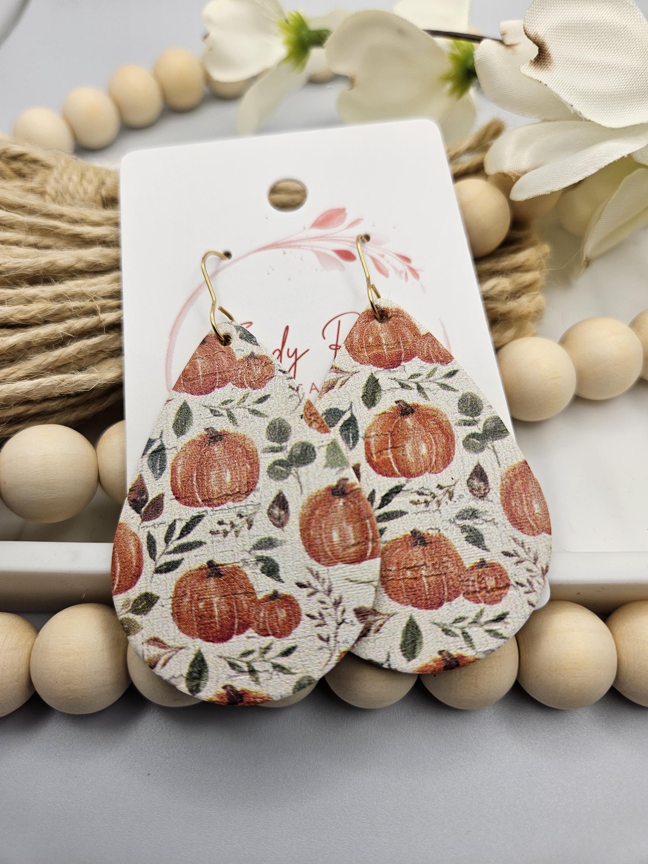 Large Handcrafted Pumpkin Cork Teardrop Earrings with Genuine Leather Backing for Everyday Style