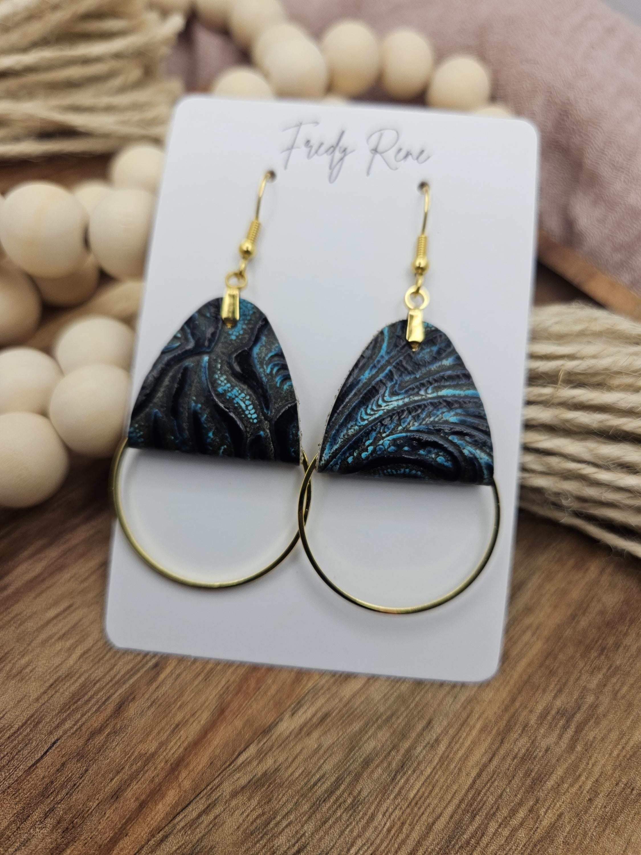 Stylish Blue Leather Earrings with Gold Metal Circles - Handmade Lightweight Design for Everyday or Special Occasions - Thumbnail 6