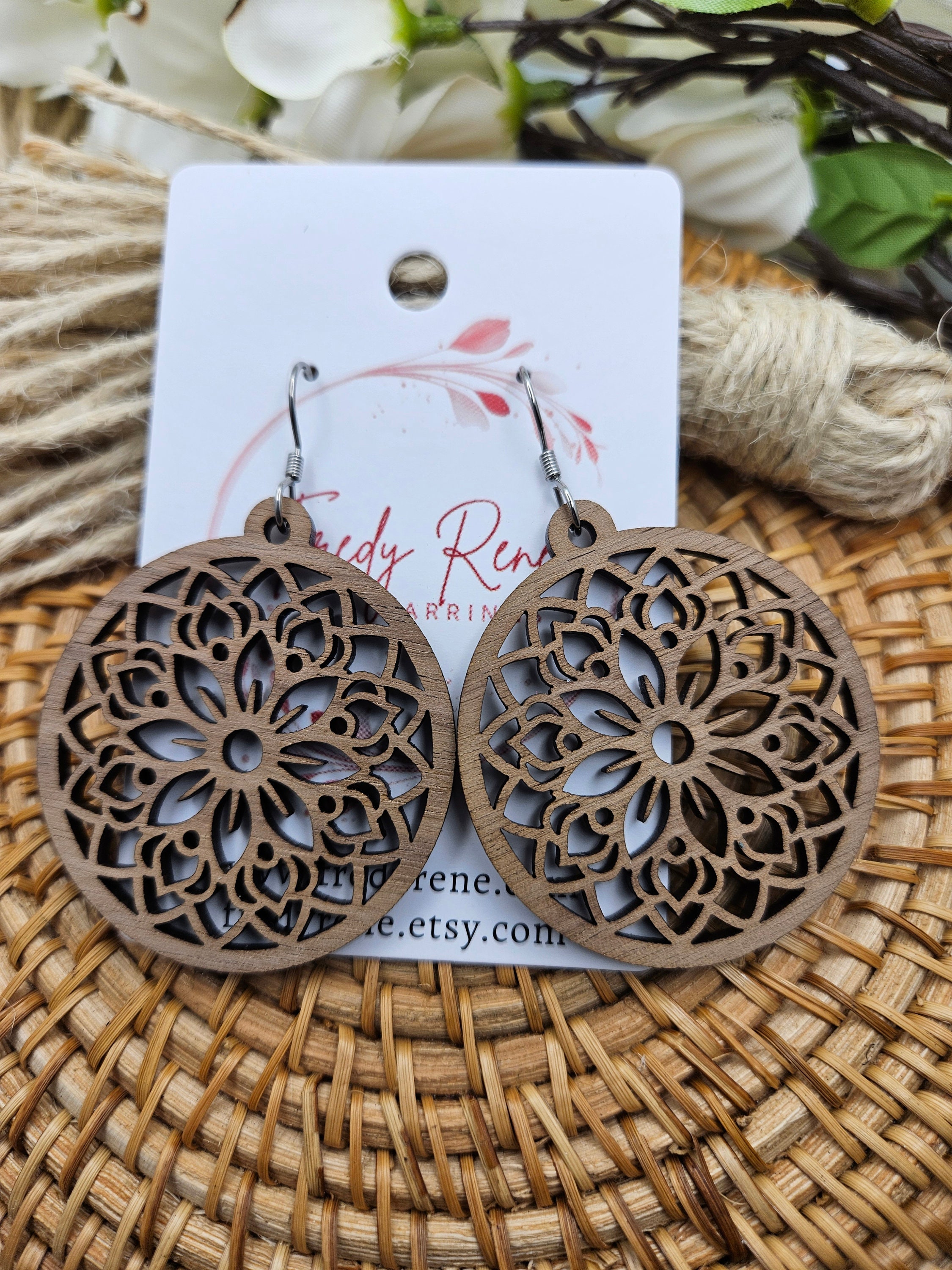 Handmade Lightweight Floral Walnut Colored Wood Earrings for Everyday Wear - Thumbnail 2