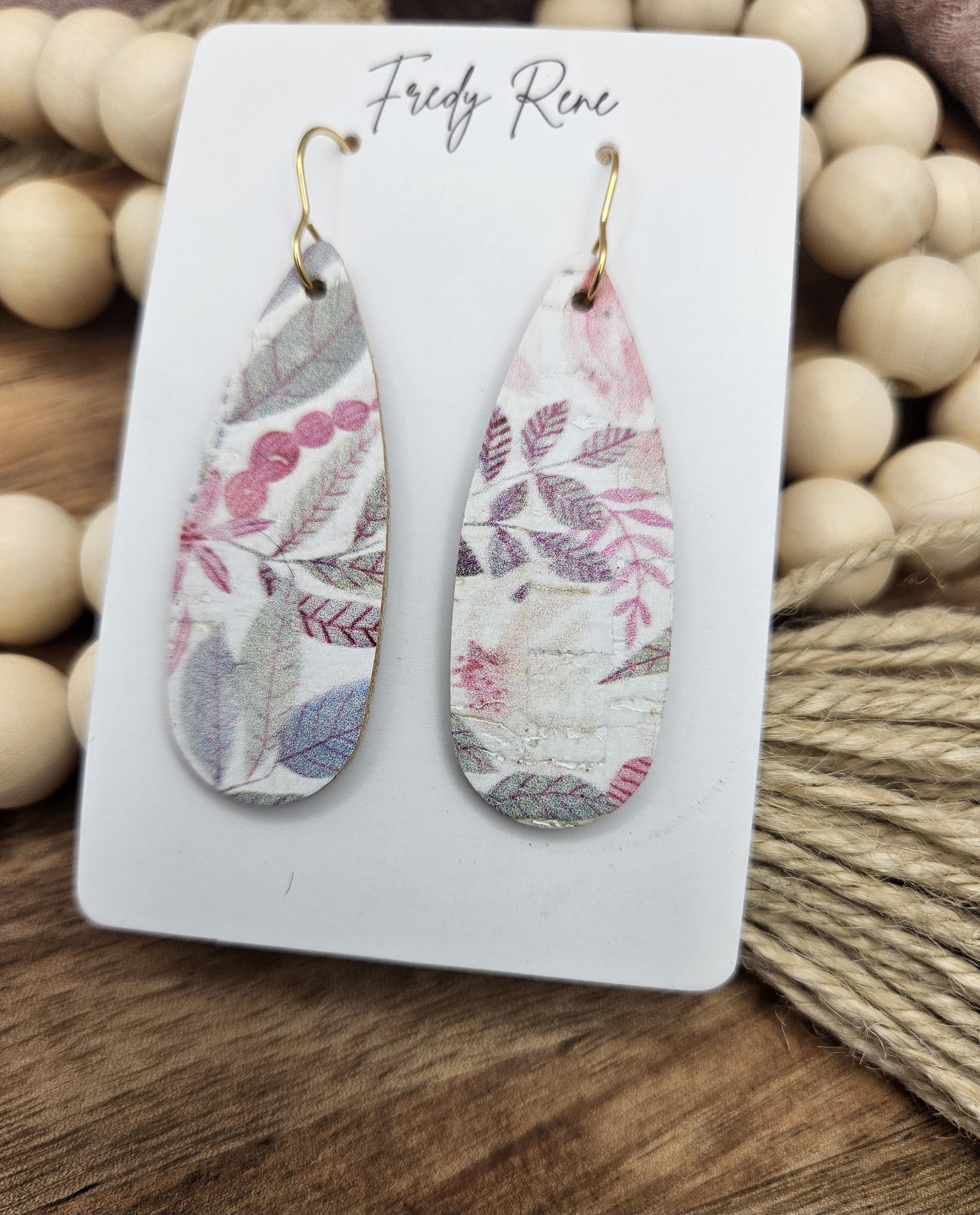 Handcrafted Narrow Floral Cork Teardrop Earrings with Genuine Leather Backing - Thumbnail 2