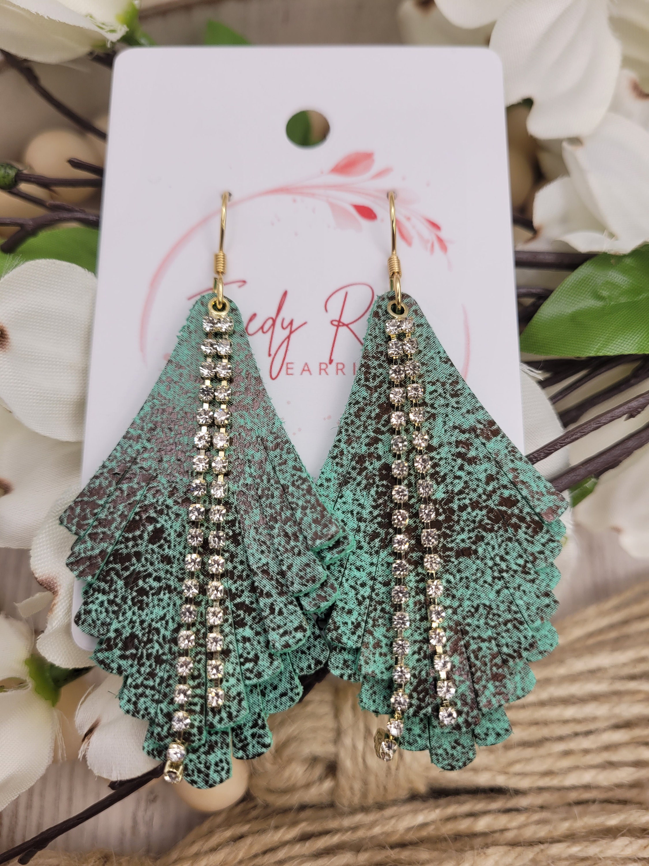 Handmade Lightweight Leather Earrings with Rhinestone Accents - Thumbnail 2